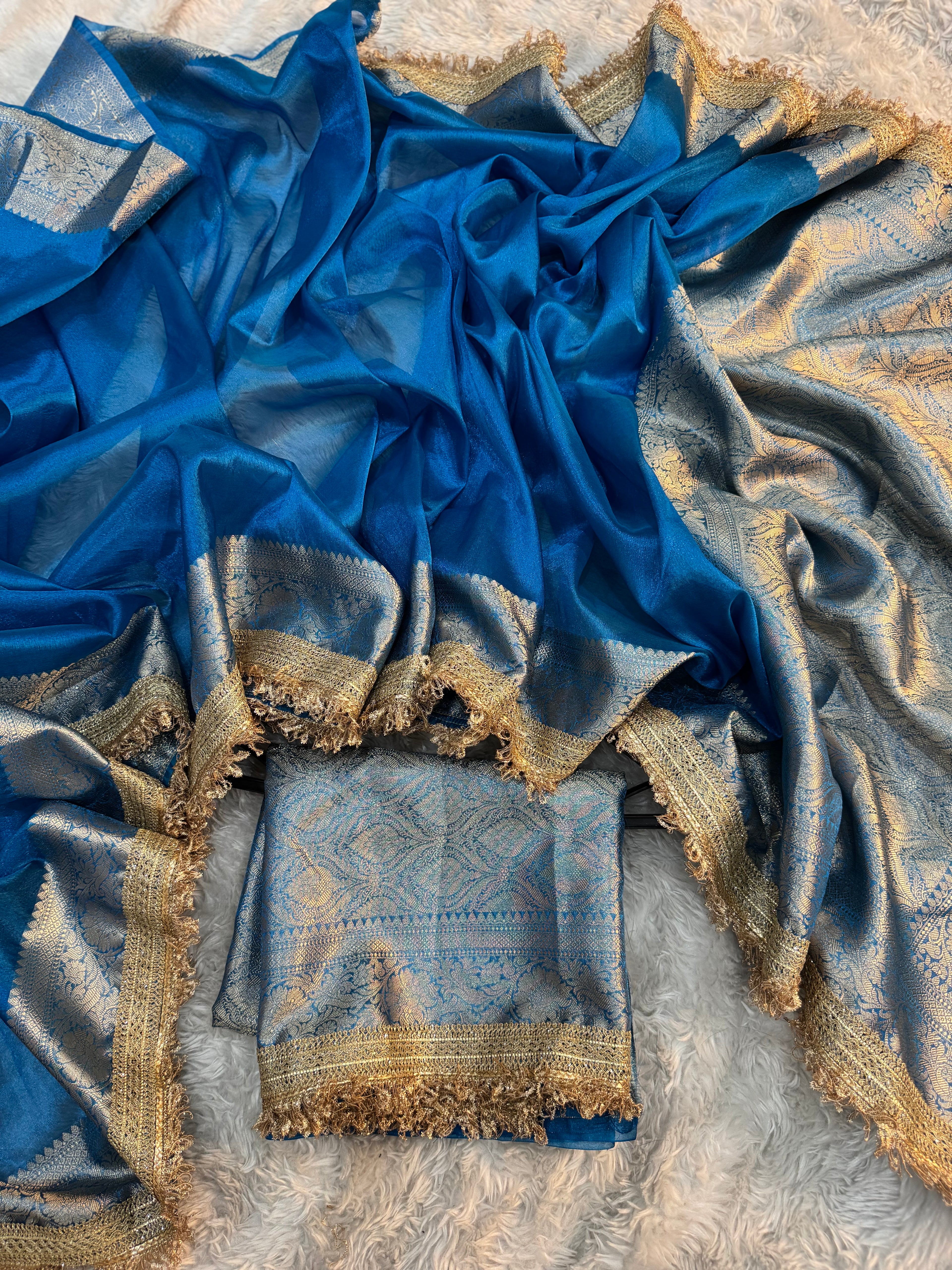 PREMIUM BLUE SHADE SOFT TISSUE SILK SAREE WITH LACE ATTACHED