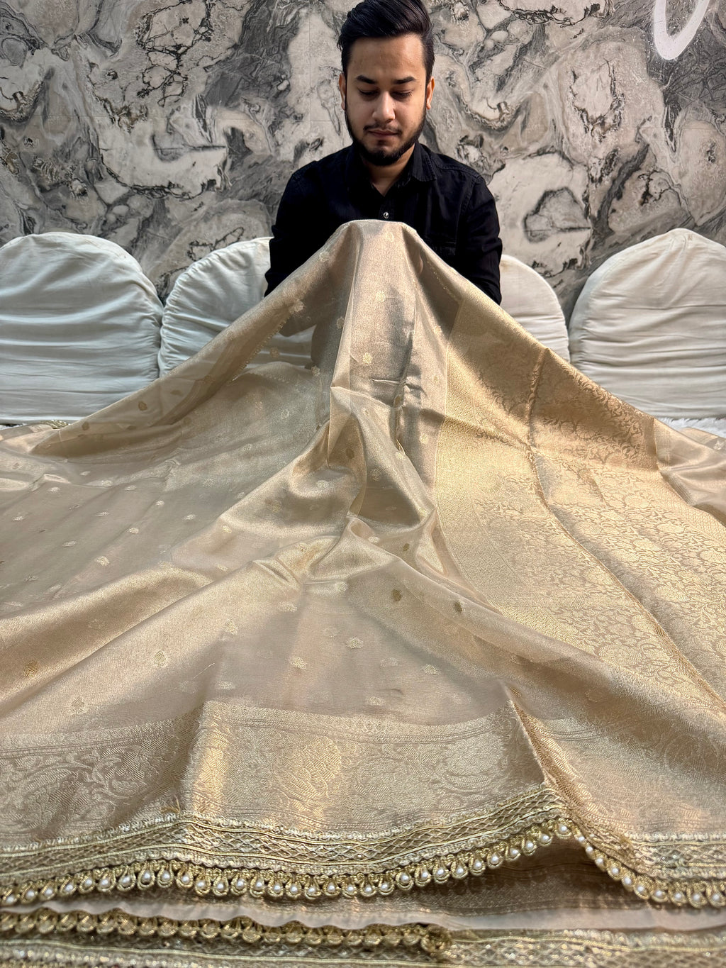 LUXURIOUS CHAMPAGNE GOLD SHADE DESIGNER TISSUE SILK BOOTI SAREE