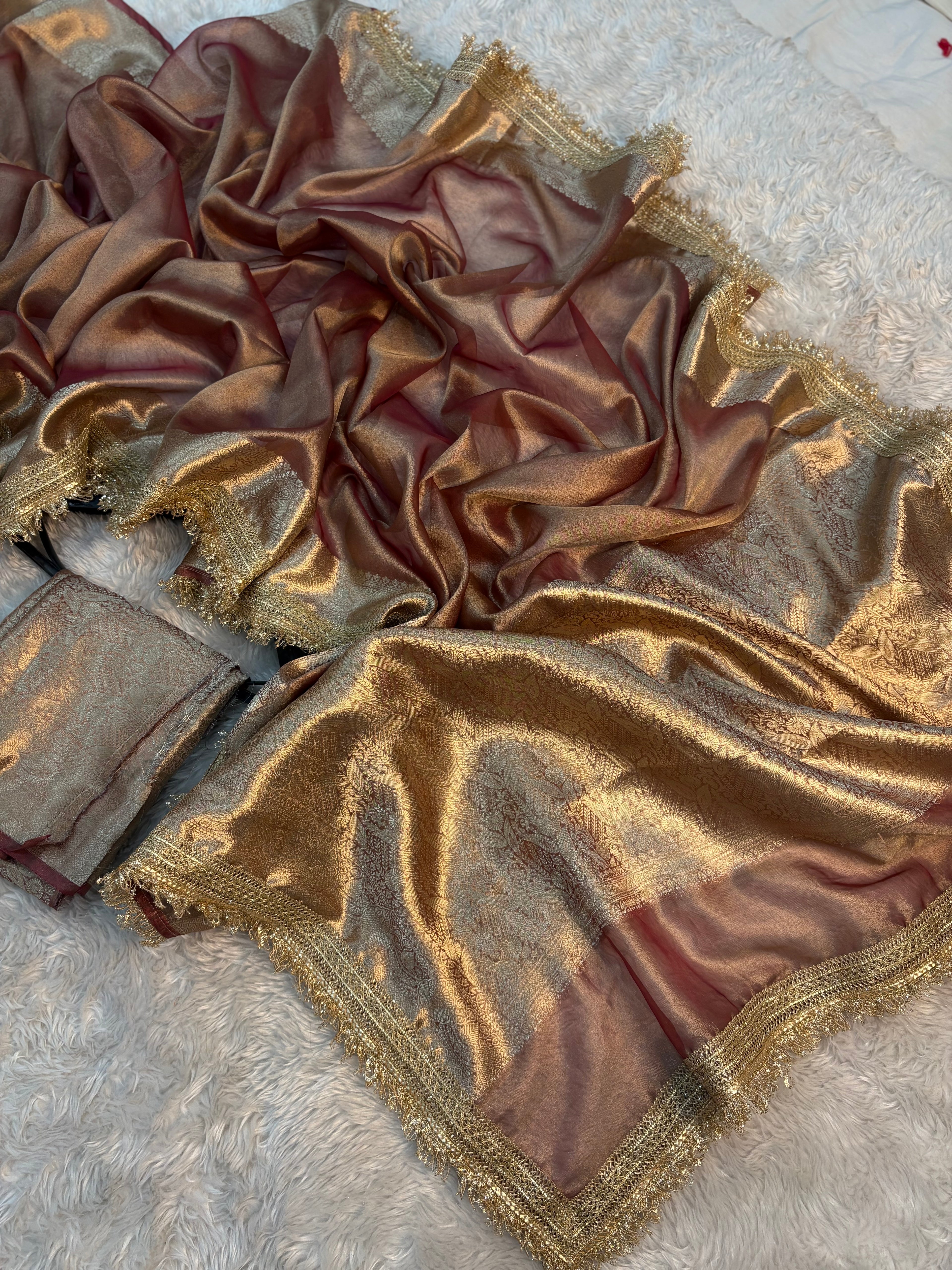 PREMIUM BRONZED GLOW  SHADE SOFT TISSUE SILK SAREE WITH LACE ATTACHED