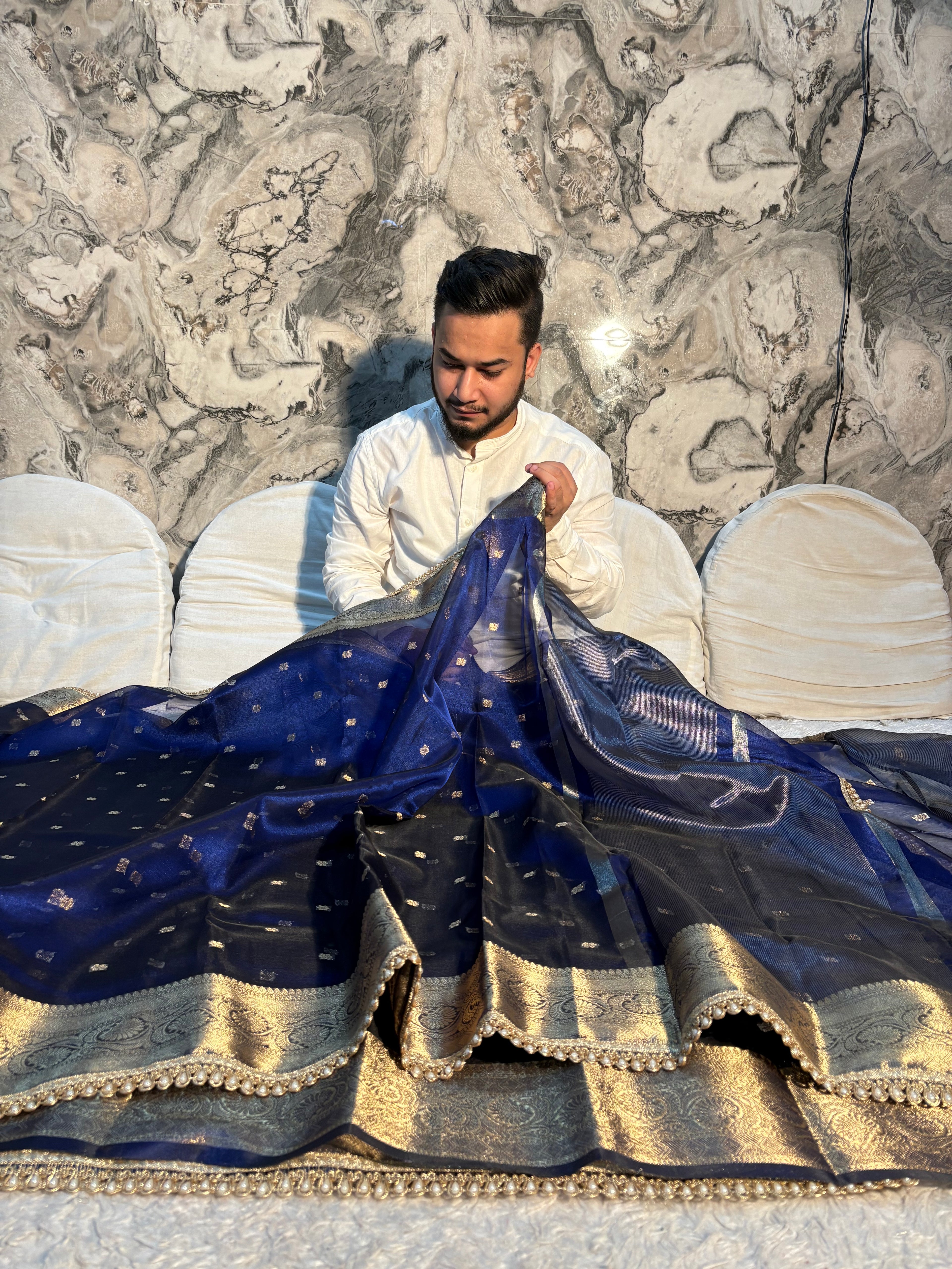 *DHOOP CHHAON* PREMIUM NEVY BLUE DESIGNER TISSUE SILK BOOTI SAREE WITH LACE ATTACHED
