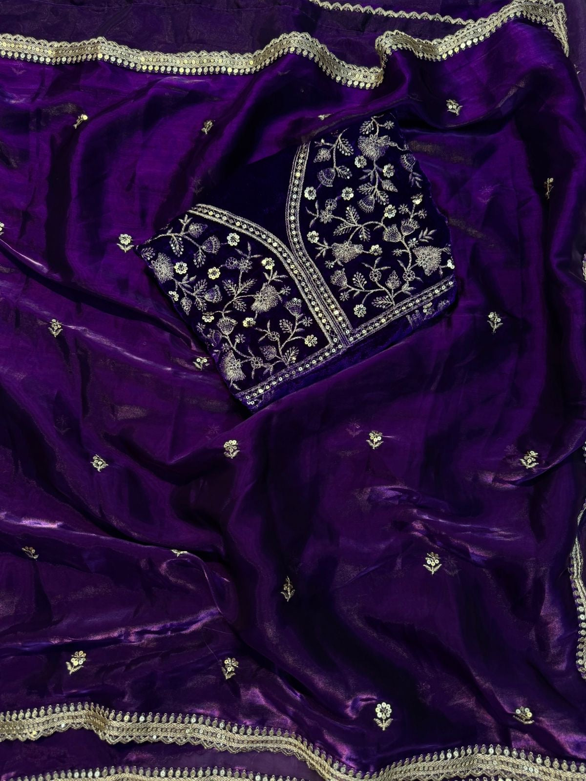 PREMIUM DEEP PURPLE SHIMMERY TISSUE SILK HANDWORK SAREE