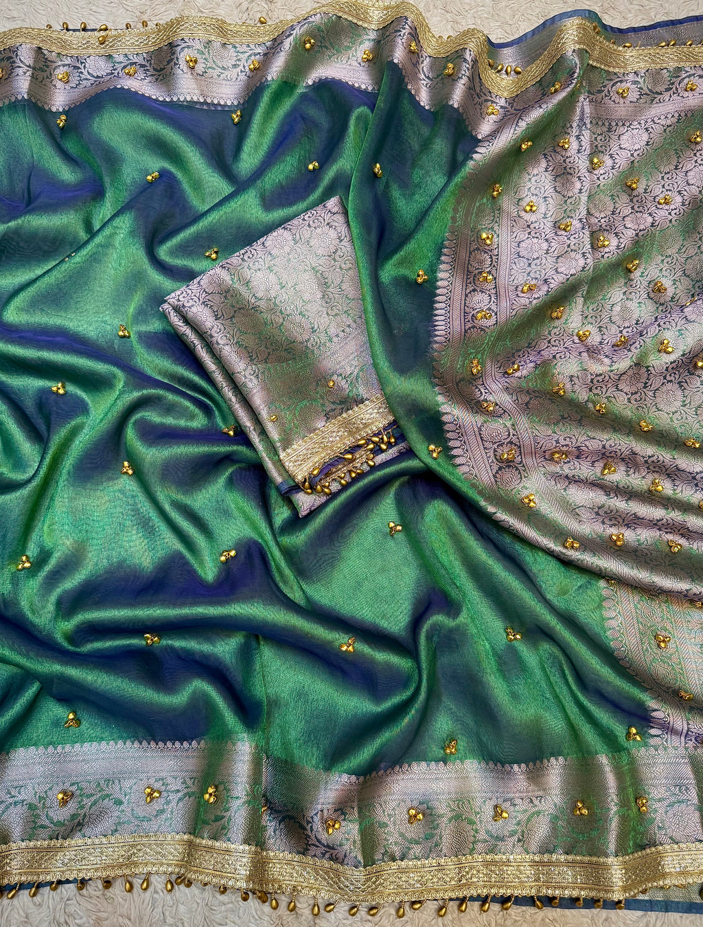 PREMIUM PEACOCK SHADE GHUNGROO WORK SOFT BANARASI TISSUE SILK DESIGNER SAREE