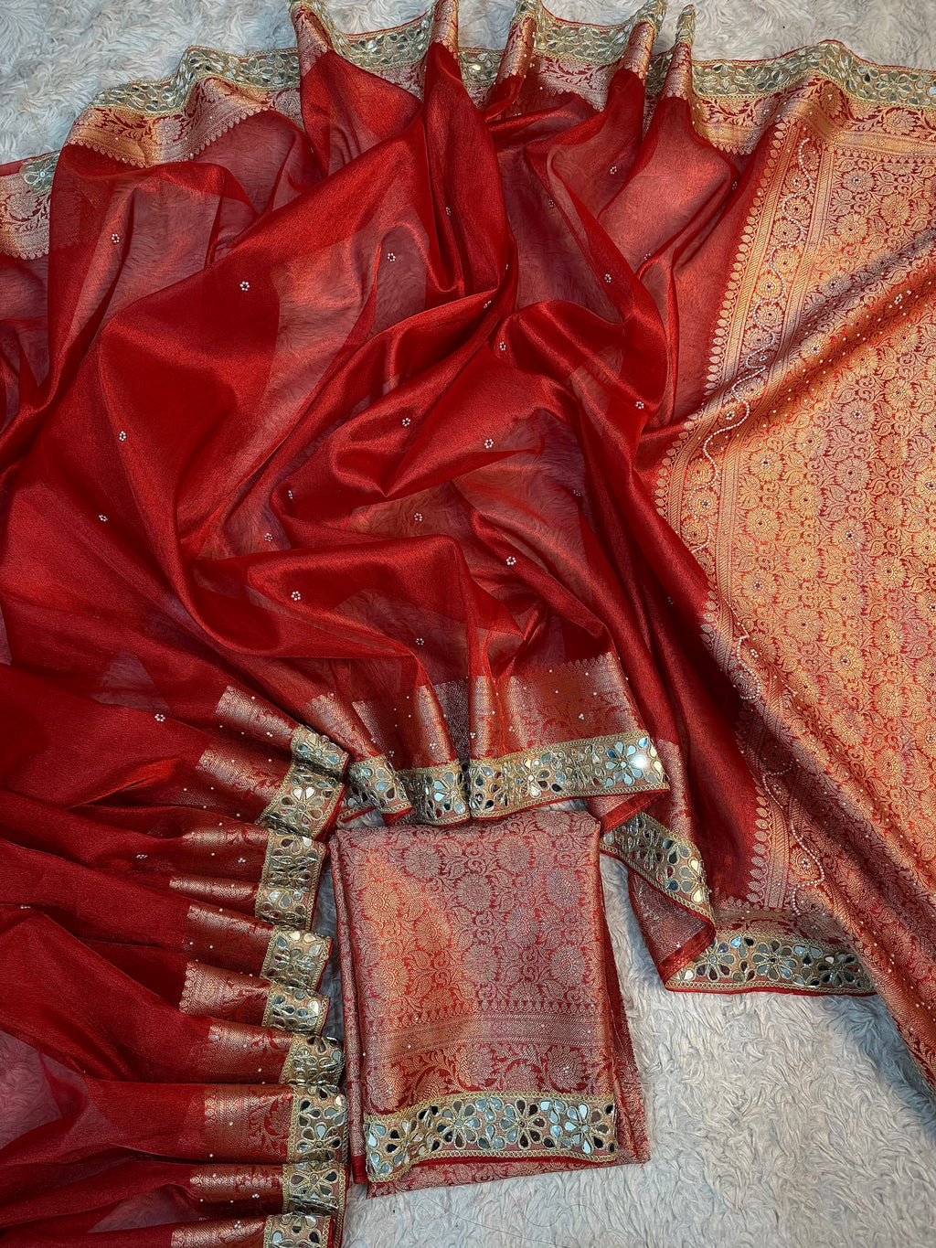 STONE WORK+MIRROR WORK BRIDAL RED SOFT TISSUE SILK DESIGNER SAREE