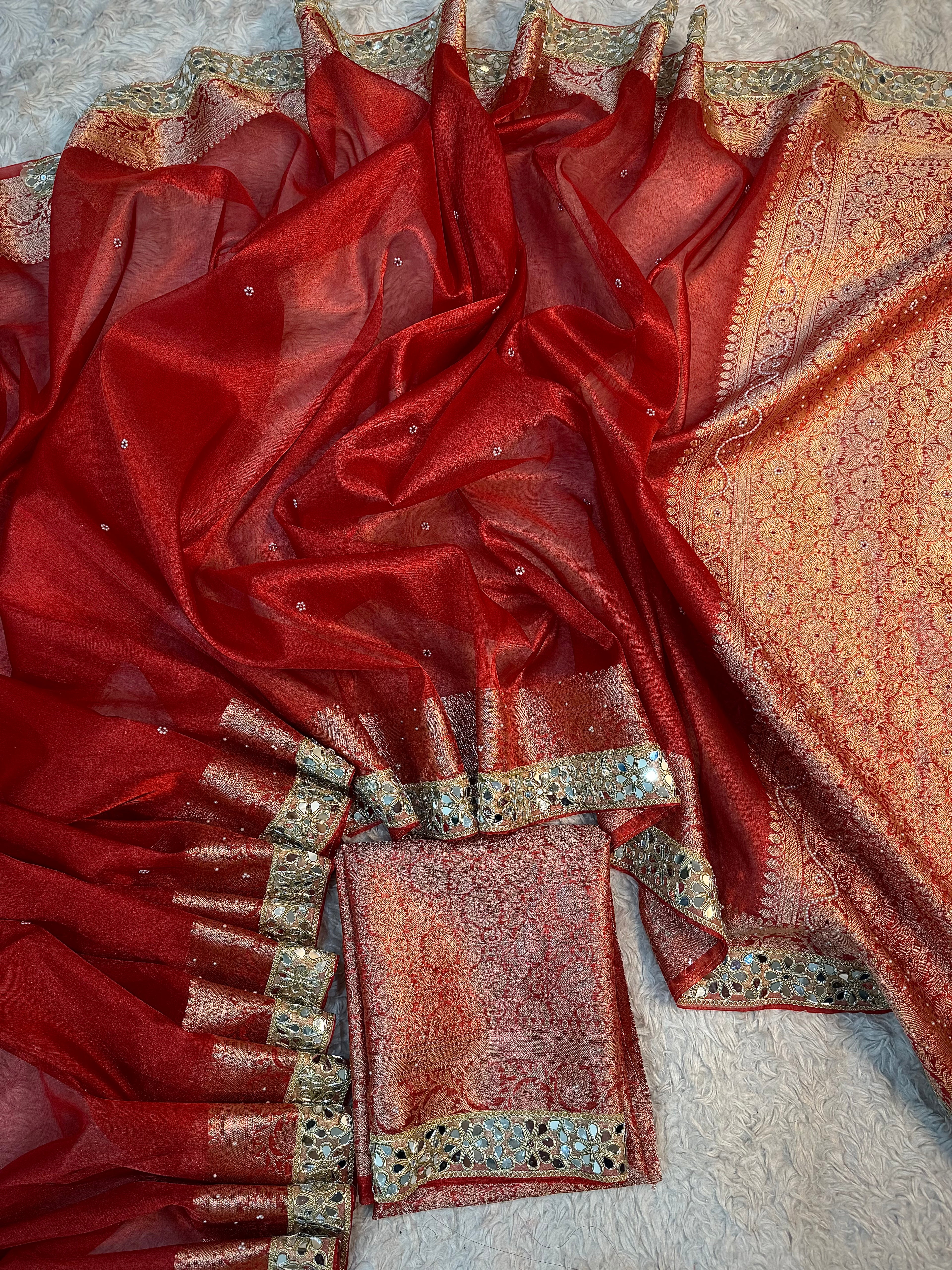 STONE WORK+MIRROR WORK BRIDAL RED SOFT TISSUE SILK DESIGNER SAREE