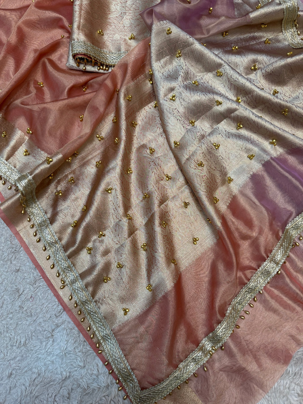 PREMIUM LAVENDER & PEACH SOFT BANARASI TISSUE SILK GHUNGROO WORK SAREE