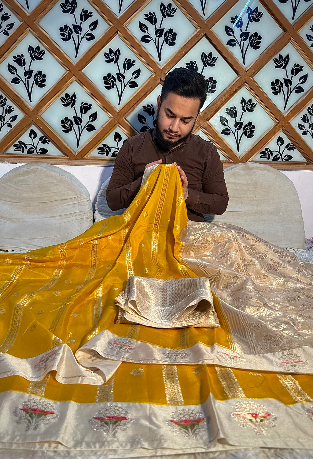 PREMIUM YELLOW WITH IVORY SHADE BANARASI VISCOSE SILK WITH SATIN BORDER