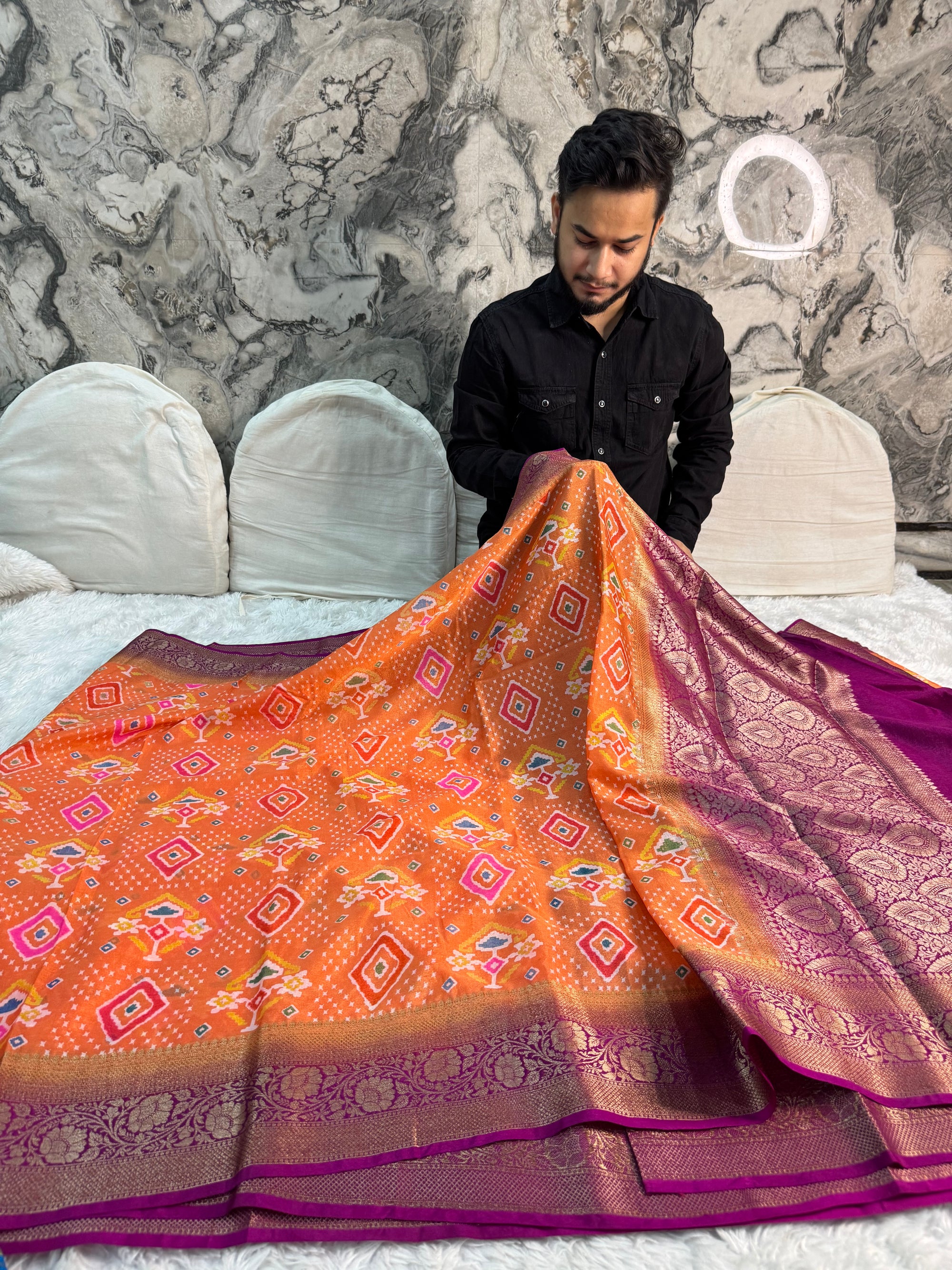 BEAUTIFUL ORANGE AND RANI SHADE BANARASI SOFT SILK SAREE WITH DIGITAL PRINT