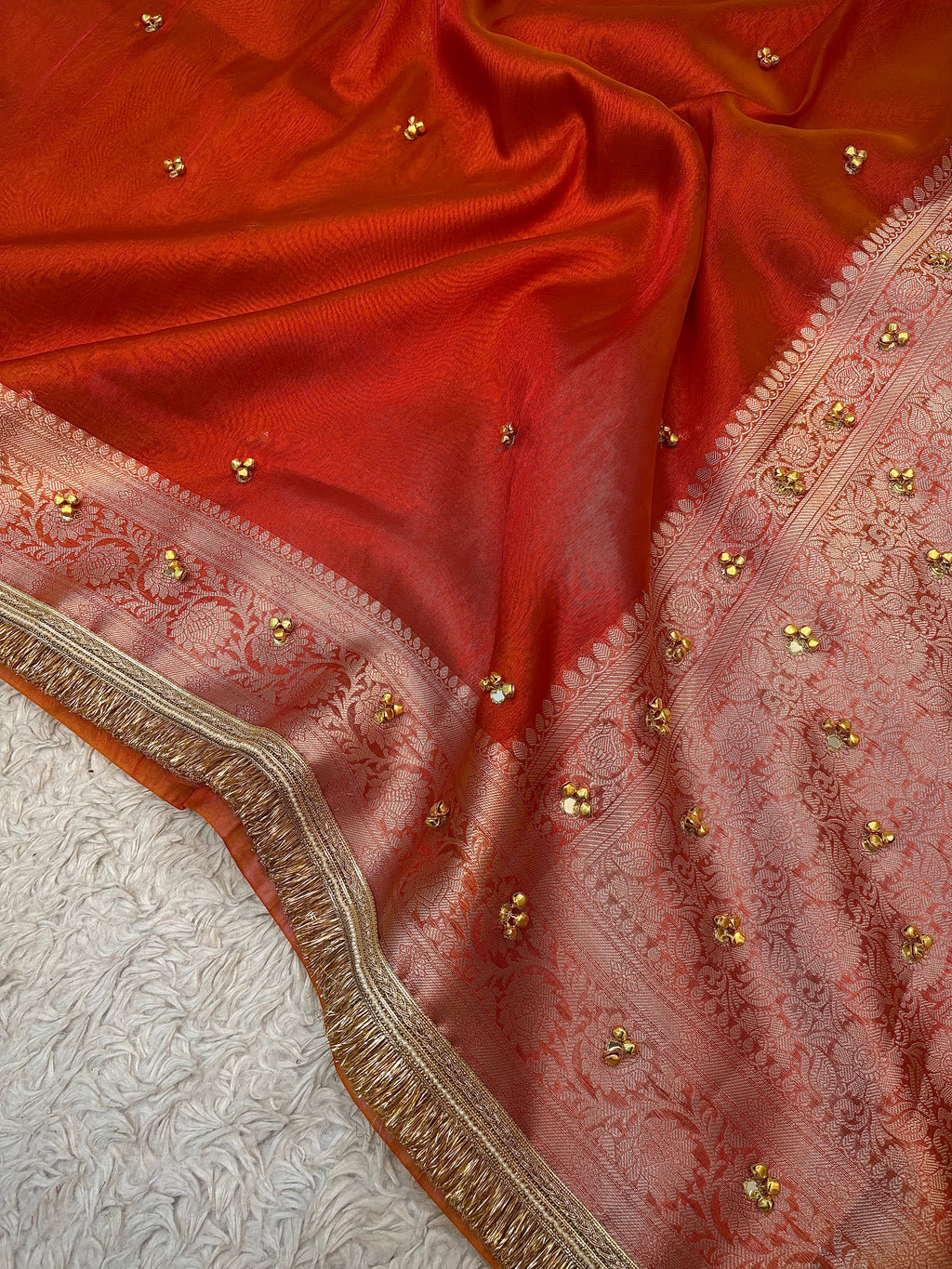 PREMIUM RUST SHADE GHUNGROO WORK SOFT BANARASI TISSUE SILK DESIGNER SAREE