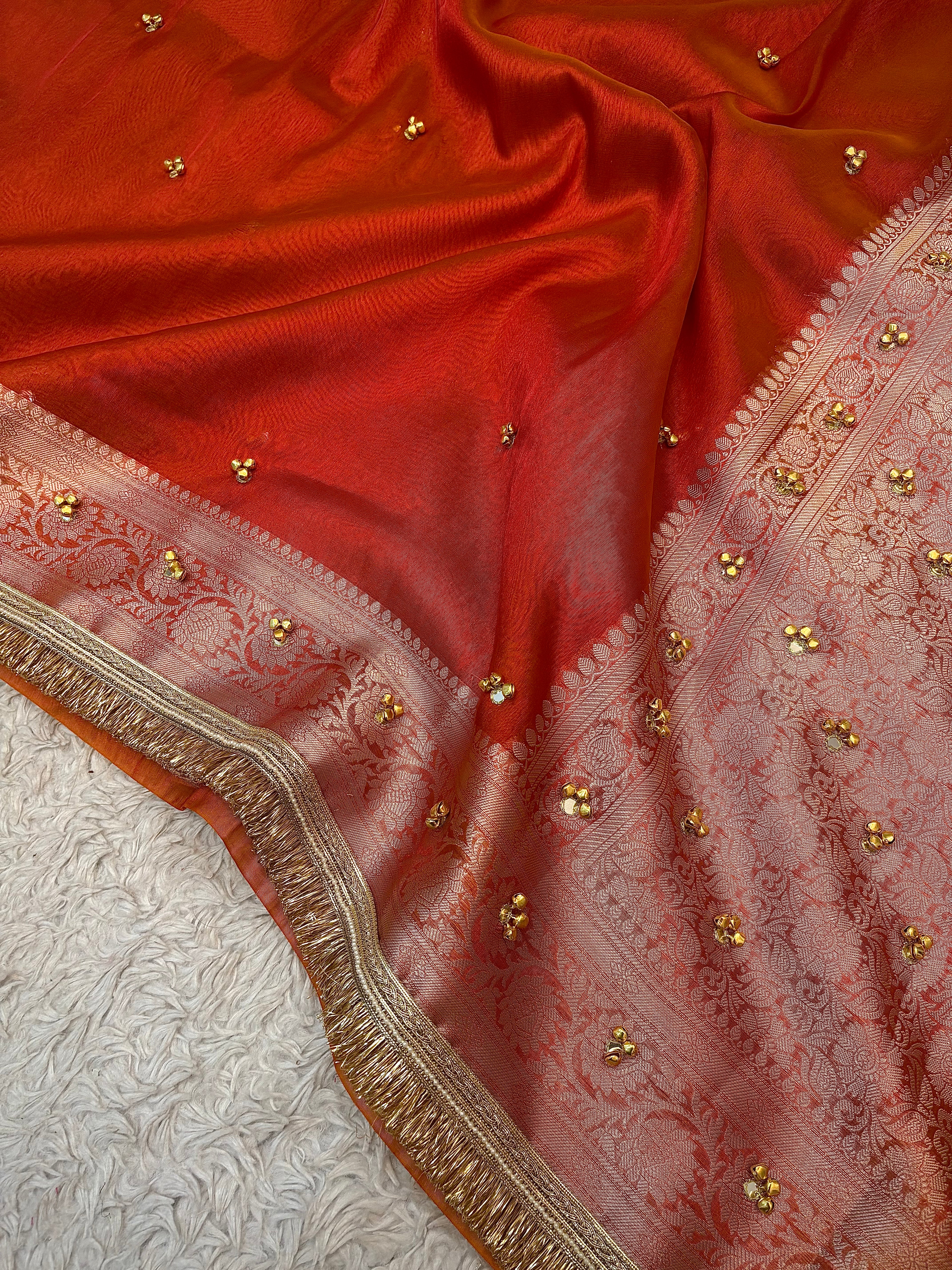 PREMIUM RUST SHADE GHUNGROO WORK SOFT BANARASI TISSUE SILK DESIGNER SAREE
