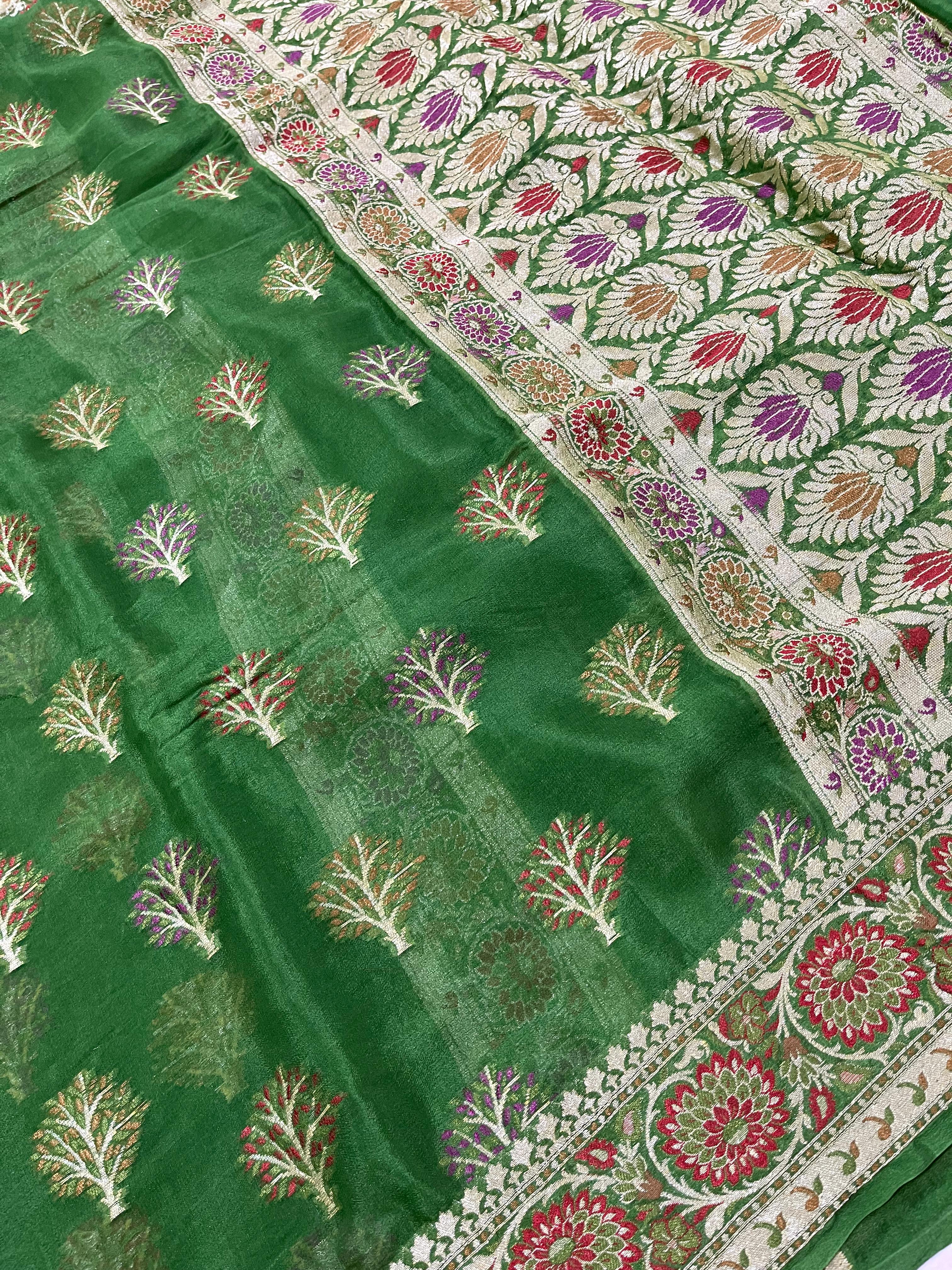 PREMIUM EMERALD GREEN SHADE PURE KHADDI GEORGETTE SILK SAREE WITH BEAUTIFUL HAND-BRUSH