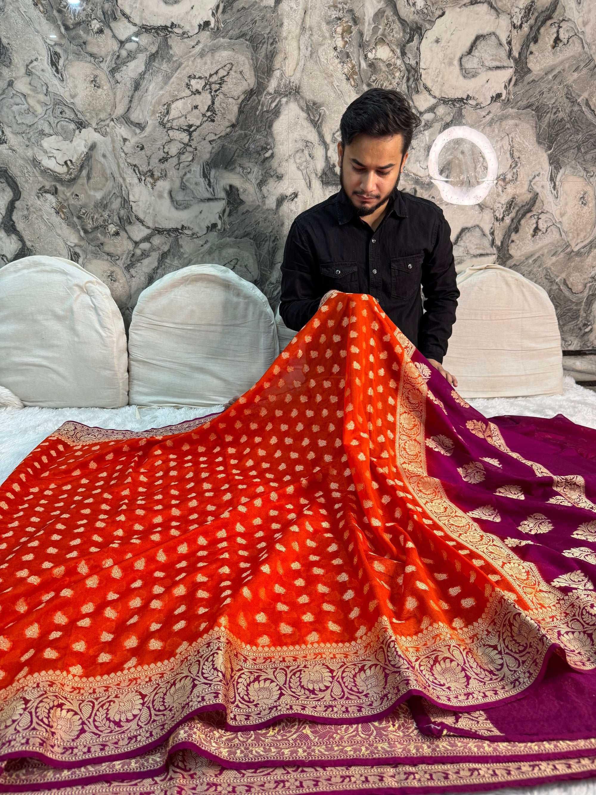 ORANGE AND WINE SHADE GEORGETTE BANARASI SAREE