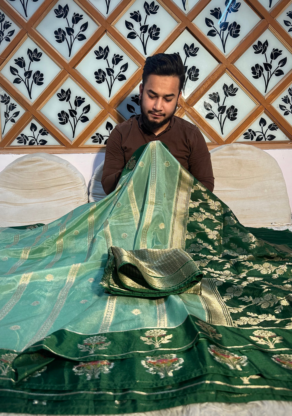 PREMIUM SEA GREEN WITH BOTTLE GREEN SHADE BANARASI VISCOSE SILK WITH SATIN BORDER