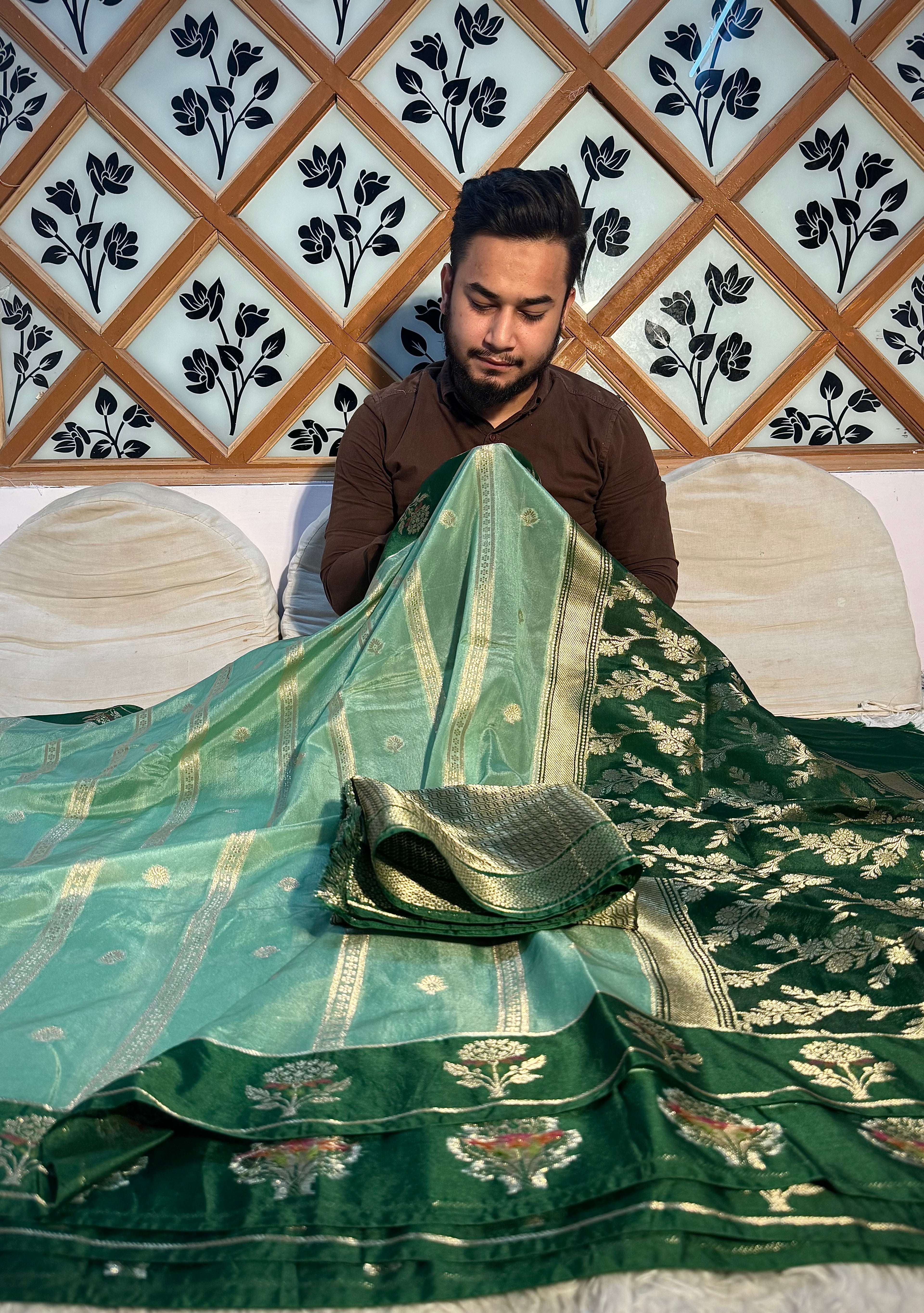 PREMIUM SEA GREEN WITH BOTTLE GREEN SHADE BANARASI VISCOSE SILK WITH SATIN BORDER