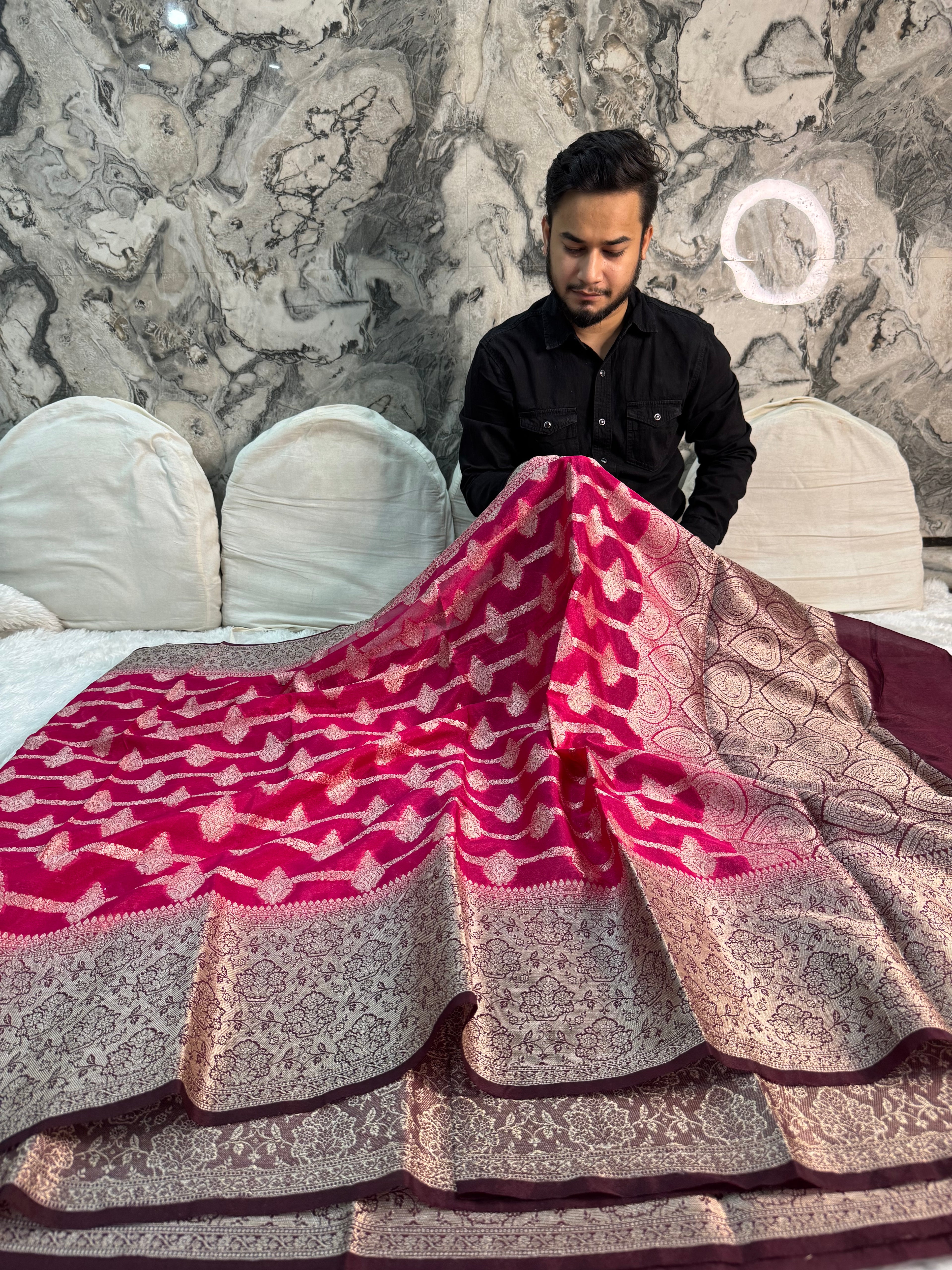 RANI AND MAROON SHADE GEORGETTE BANARASI SAREE