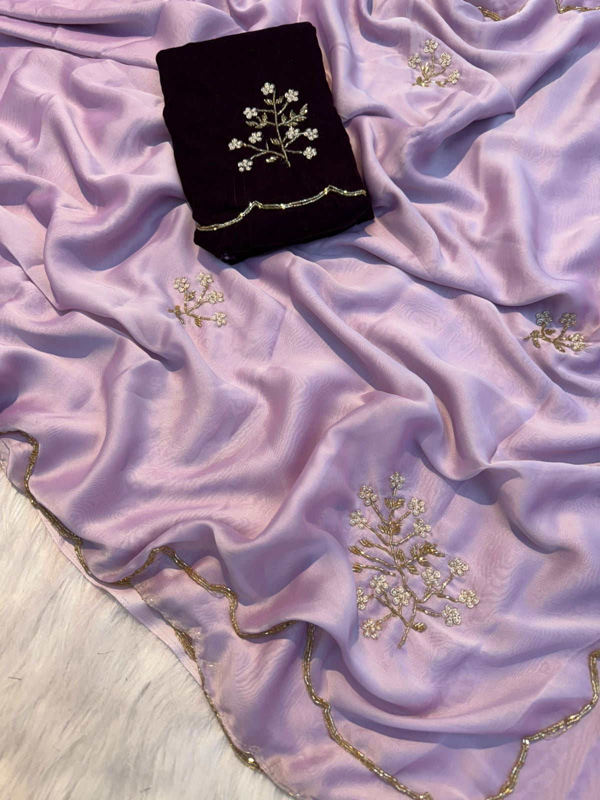 LUXURIOUS LAVENDER CREPE SILK CUTDANA ZARDOZI WORK ALL OVER BODY AND BORDER