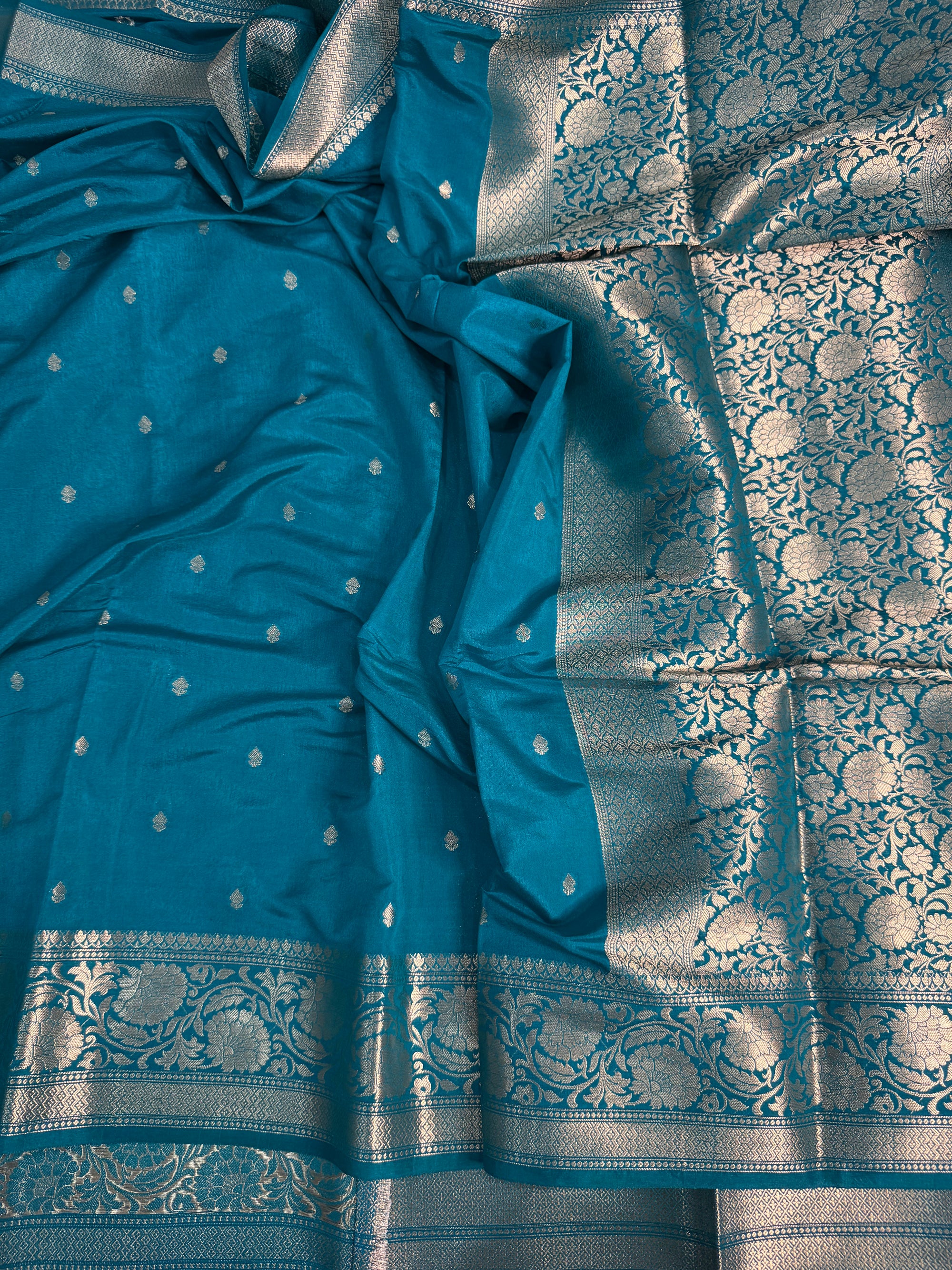 LUXURIOUS TEAL BLUE SHADE GEORGETTE KATAN DESIGNER SAREE