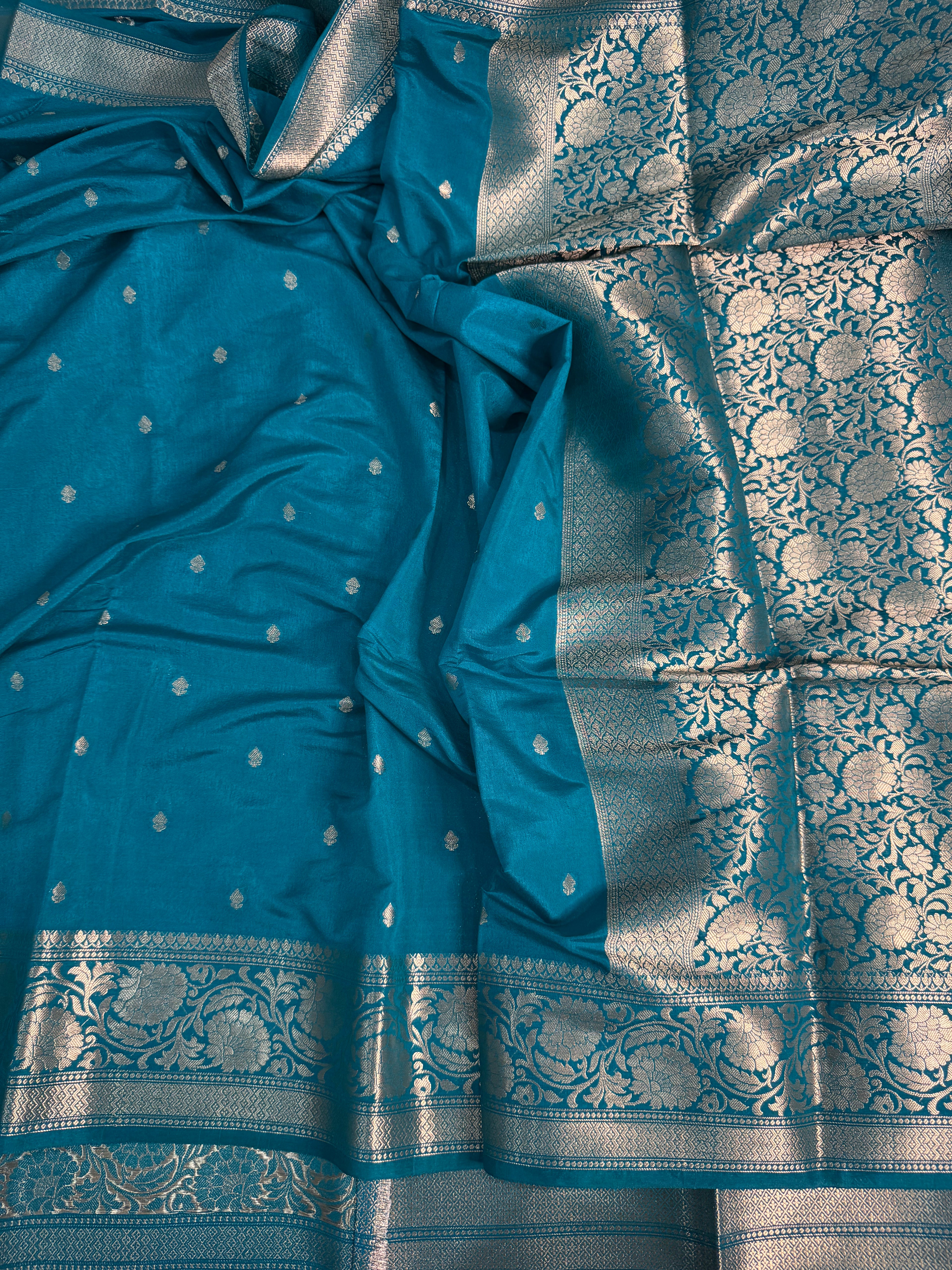 LUXURIOUS TEAL BLUE SHADE GEORGETTE KATAN DESIGNER SAREE