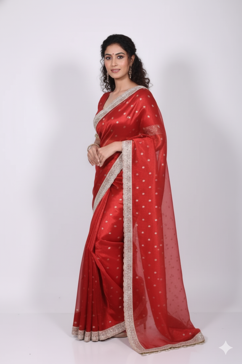 PREMIUM BRIDAL RED SHADE DESIGNER SOFT TISSUE SILK BOOTI SAREE WITH MOTI LACE ATTACHED