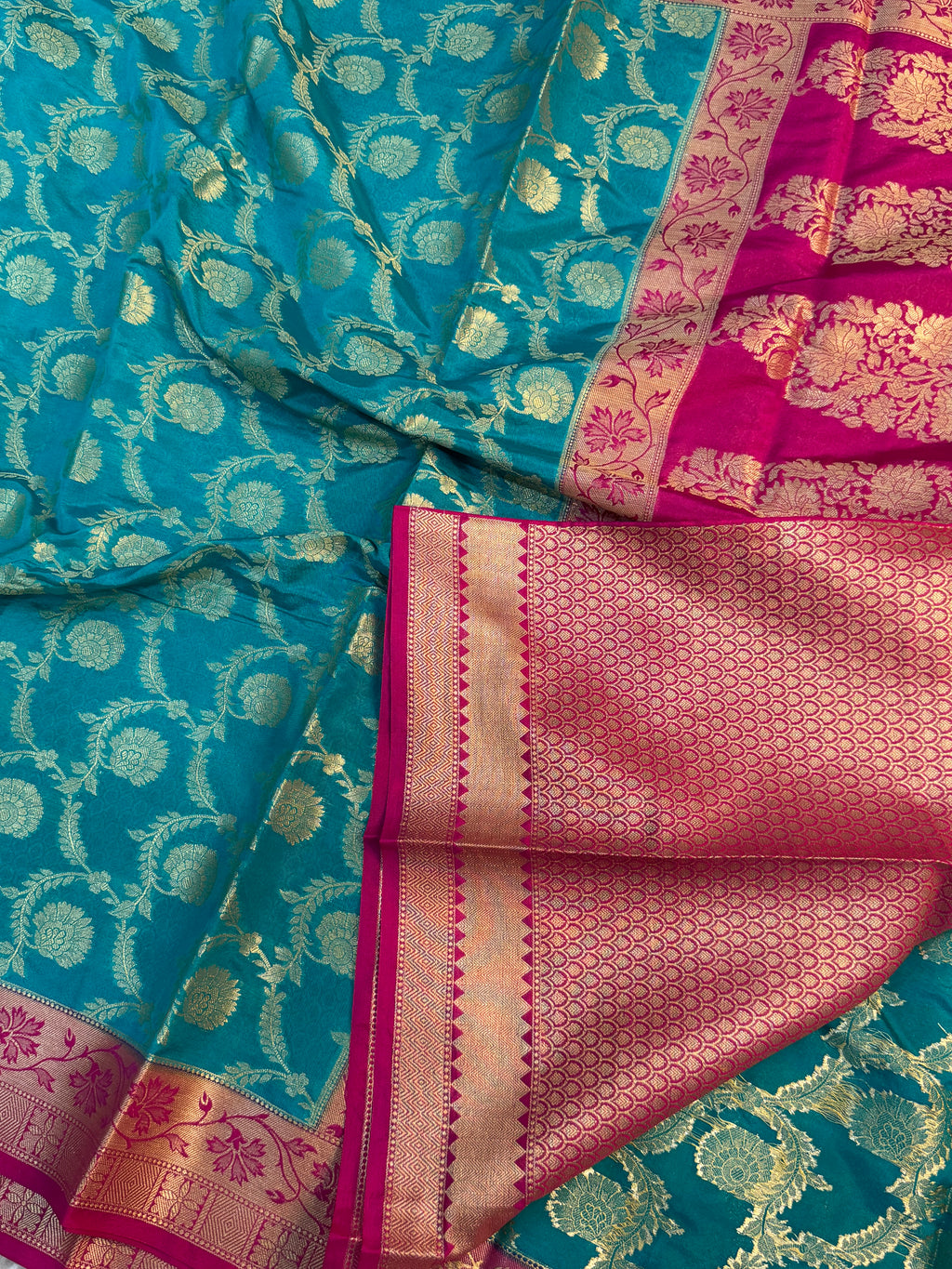 SEA GREEN AND RANI GEORGETTE BANARASI SAREE