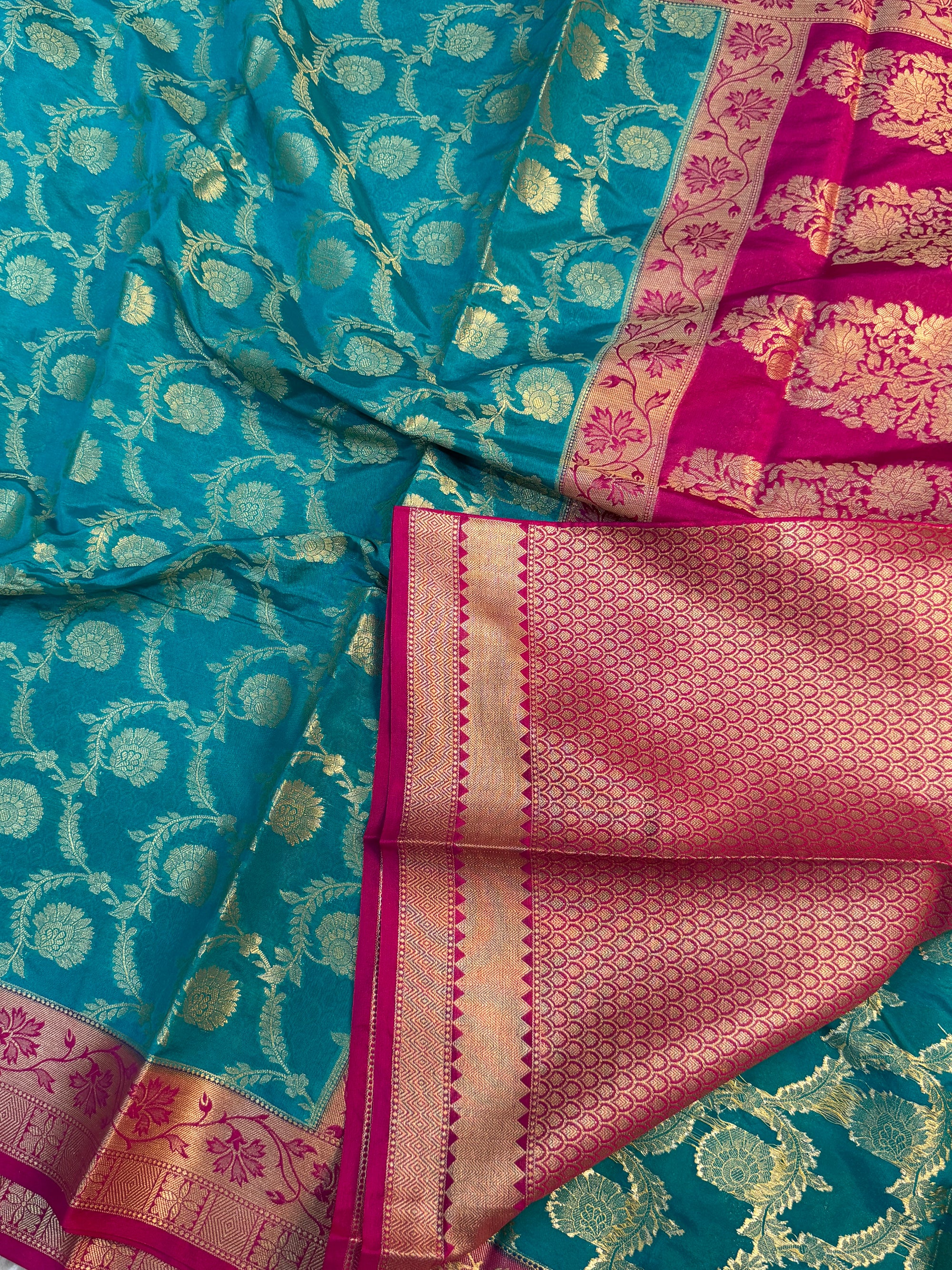 SEA GREEN AND RANI GEORGETTE BANARASI SAREE