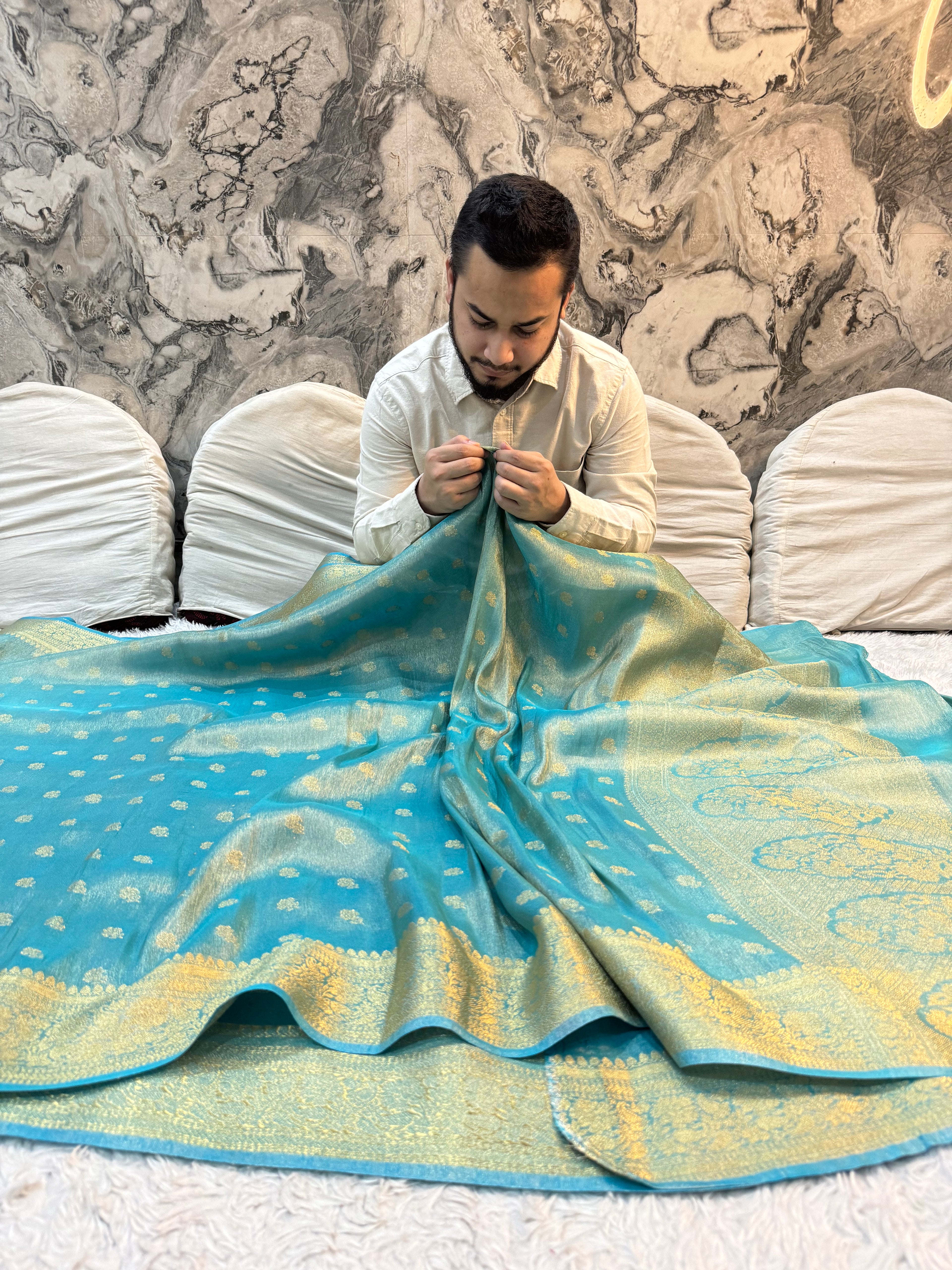 PREMIUM SEA BLUE SHADE SOFT KATAN TISSUE SILK SAREE