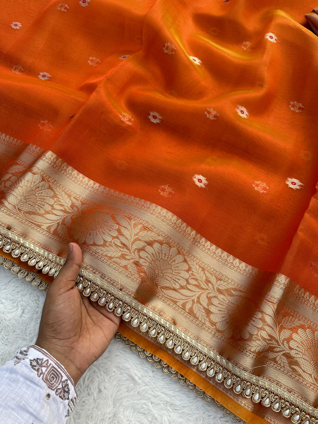 PREMIUM RUST SHADE DESIGNER TISSUE SILK BOOTI SAREE WITH LACE ATTACHED