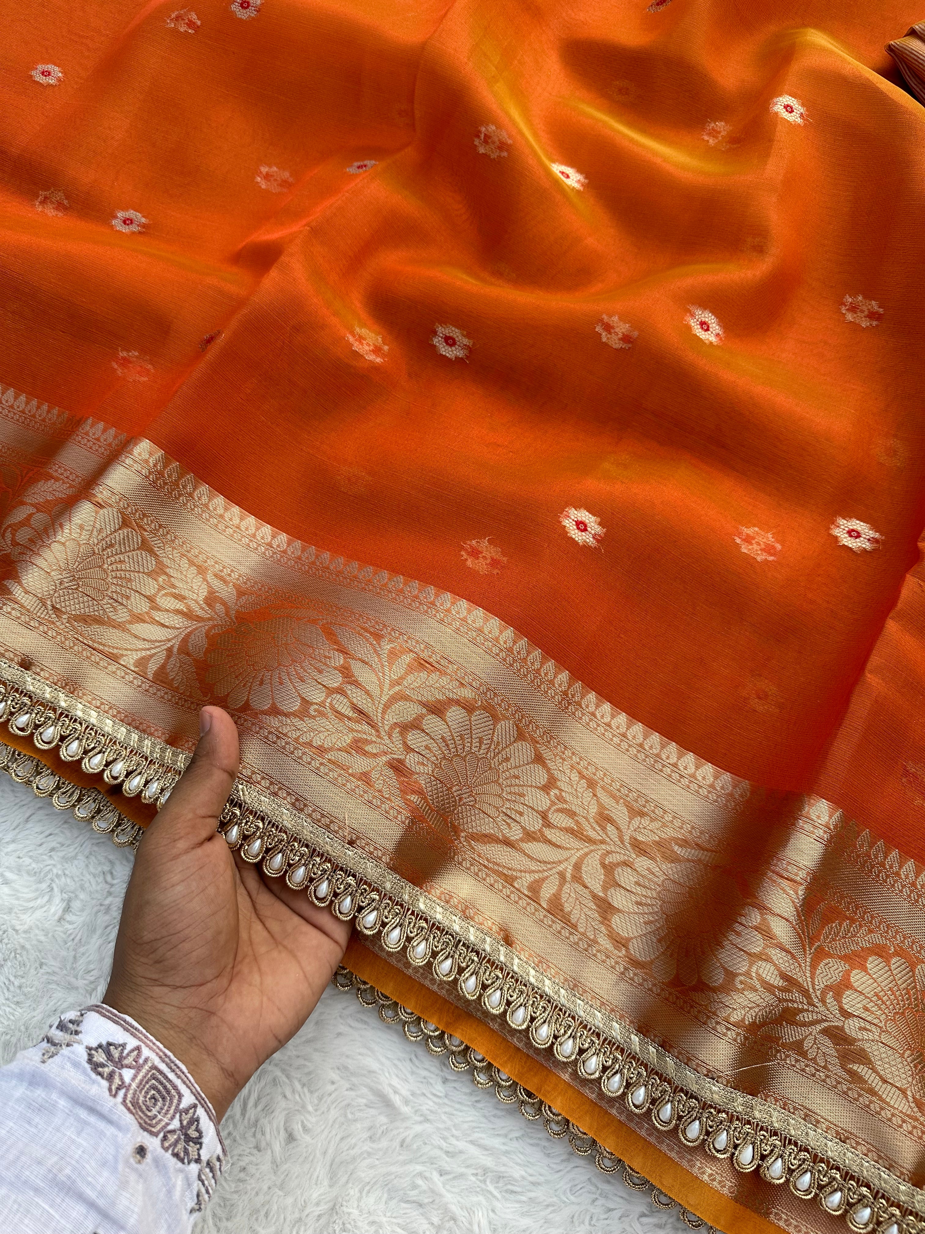 PREMIUM RUST SHADE DESIGNER TISSUE SILK BOOTI SAREE WITH LACE ATTACHED
