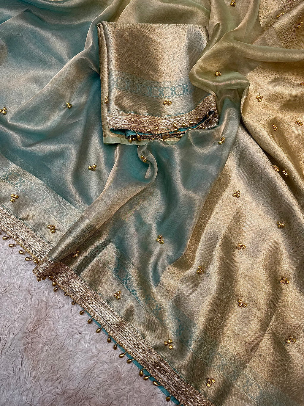 PREMIUM LIGHT PISTA & SKY BLUE SOFT BANARASI TISSUE SILK GHUNGROO WORKS SAREE