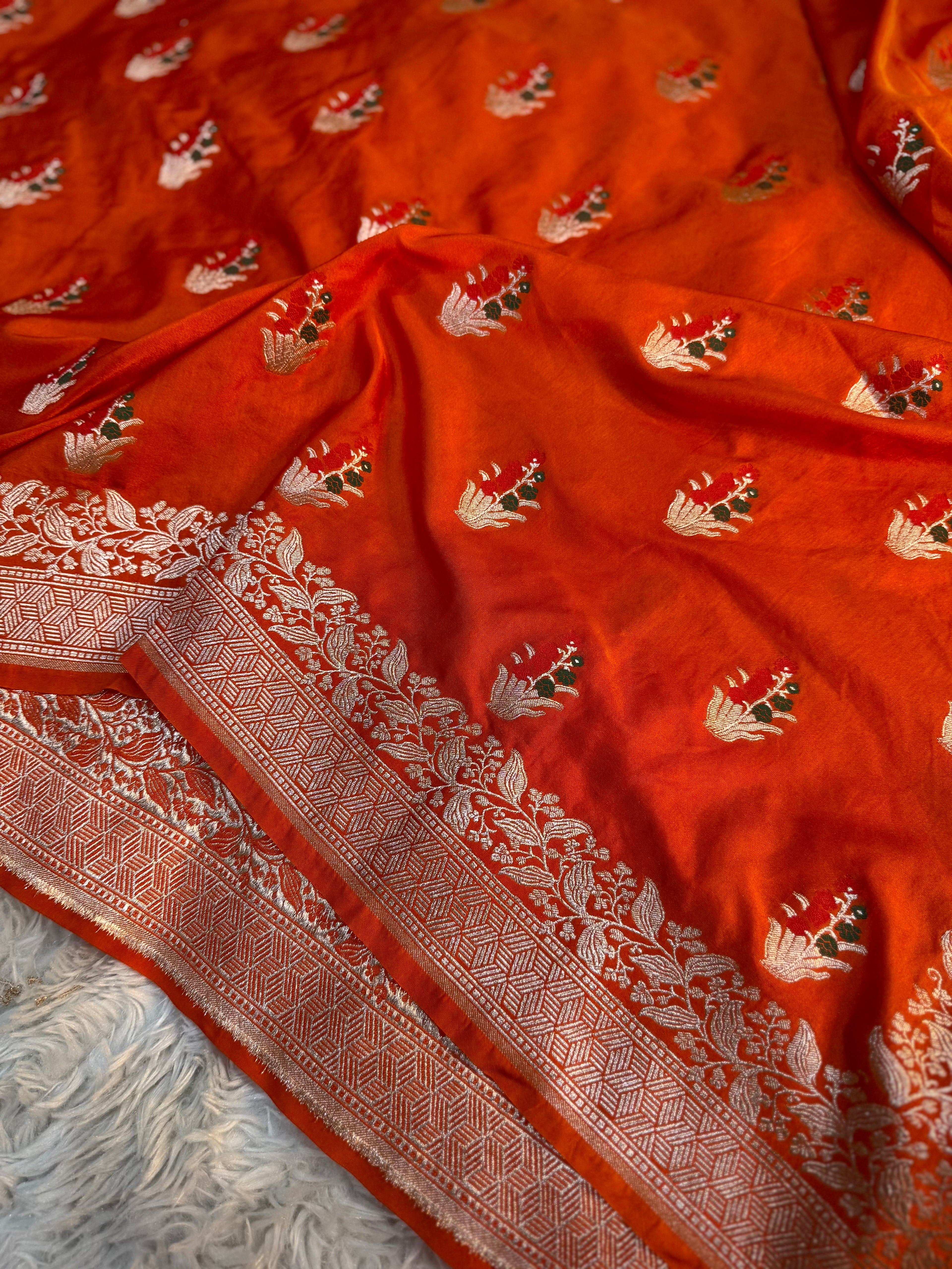 PREMIUM ORANGE SHADE SATIN MASHRU KATAN SILK SAREE