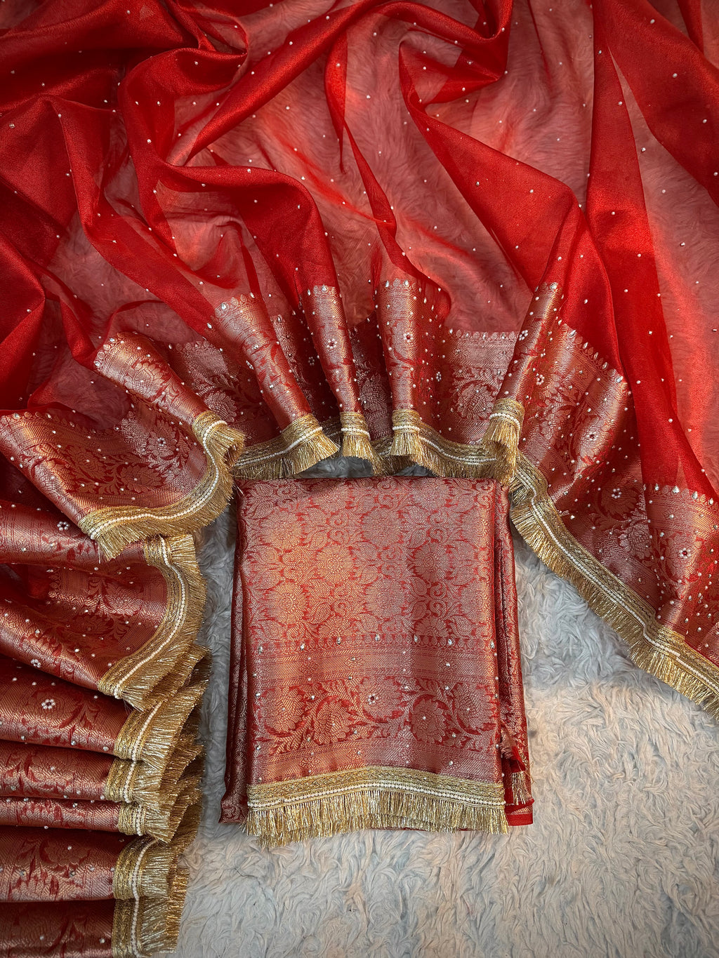 PREMIUM BRIDAL RED SOFT TISSUE SILK STONE WORK DESIGNER SAREE