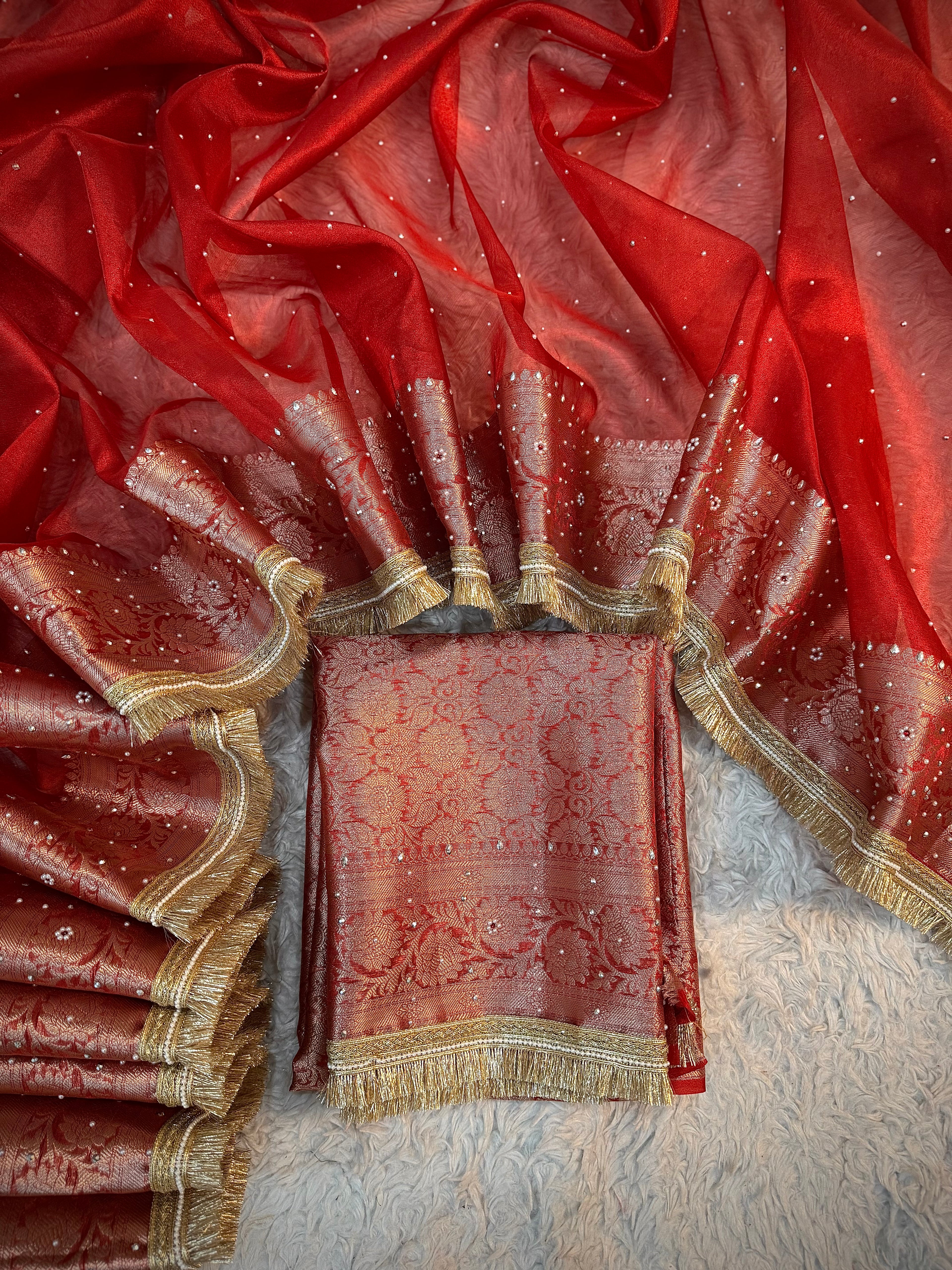 PREMIUM BRIDAL RED SOFT TISSUE SILK STONE WORK DESIGNER SAREE