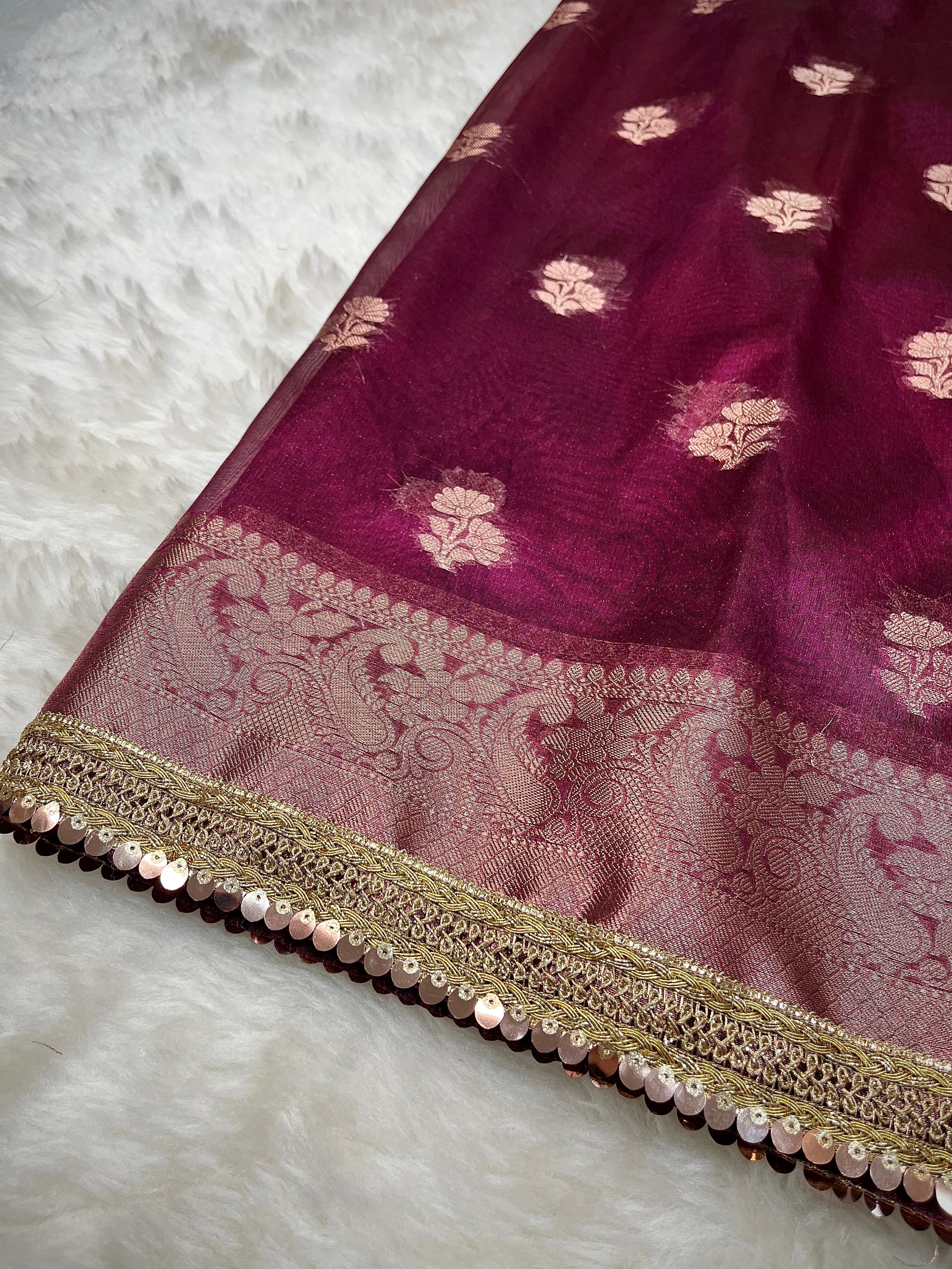 PREMIUM WINE SHADE DESIGNER TISSUE SILK BOOTI SAREE WITH LACE ATTACHED