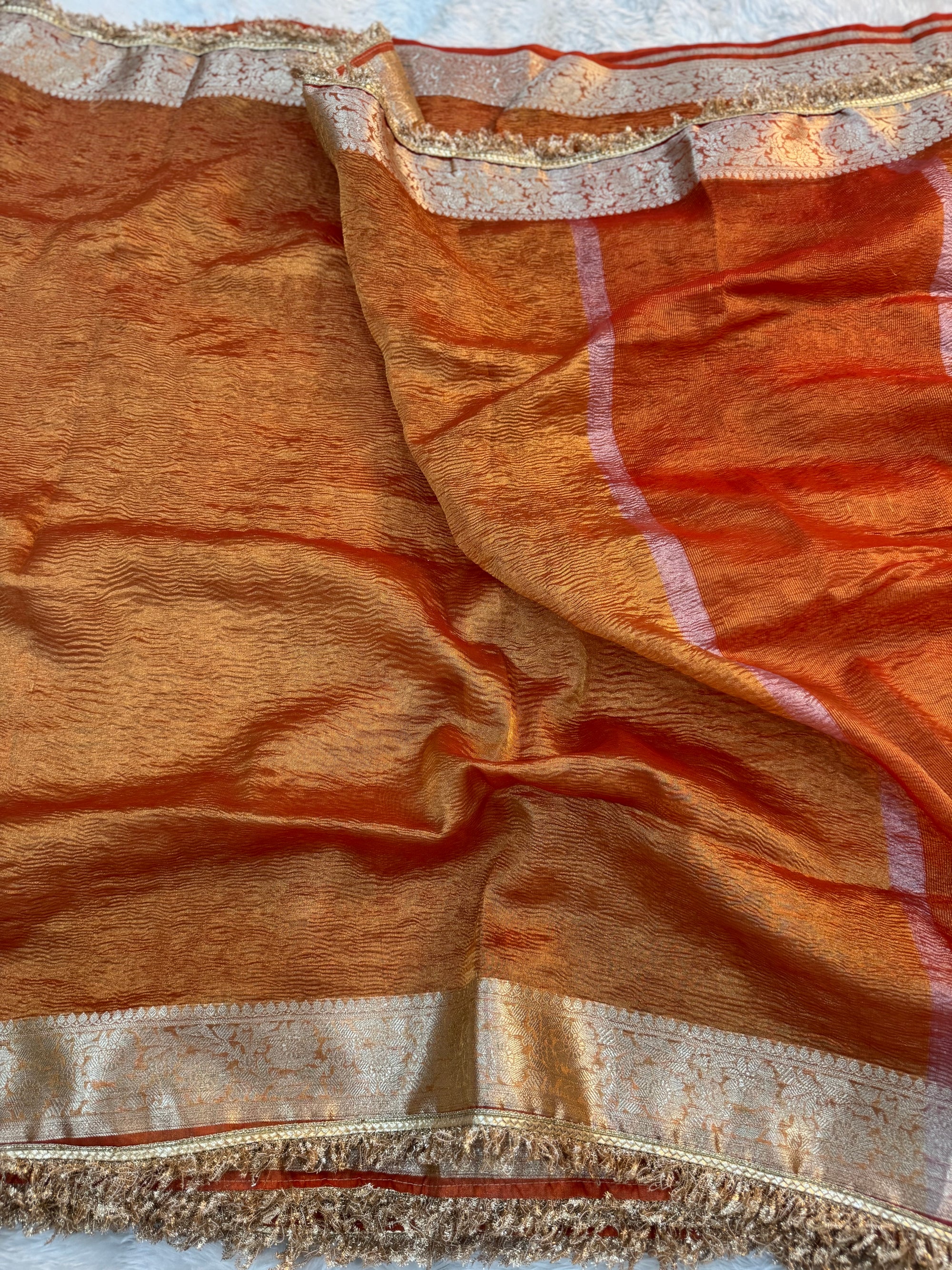 PREMIUM RUST SHADE SOFT CRUSH TISSUE SILK SAREE WITH LACE ATTACHED