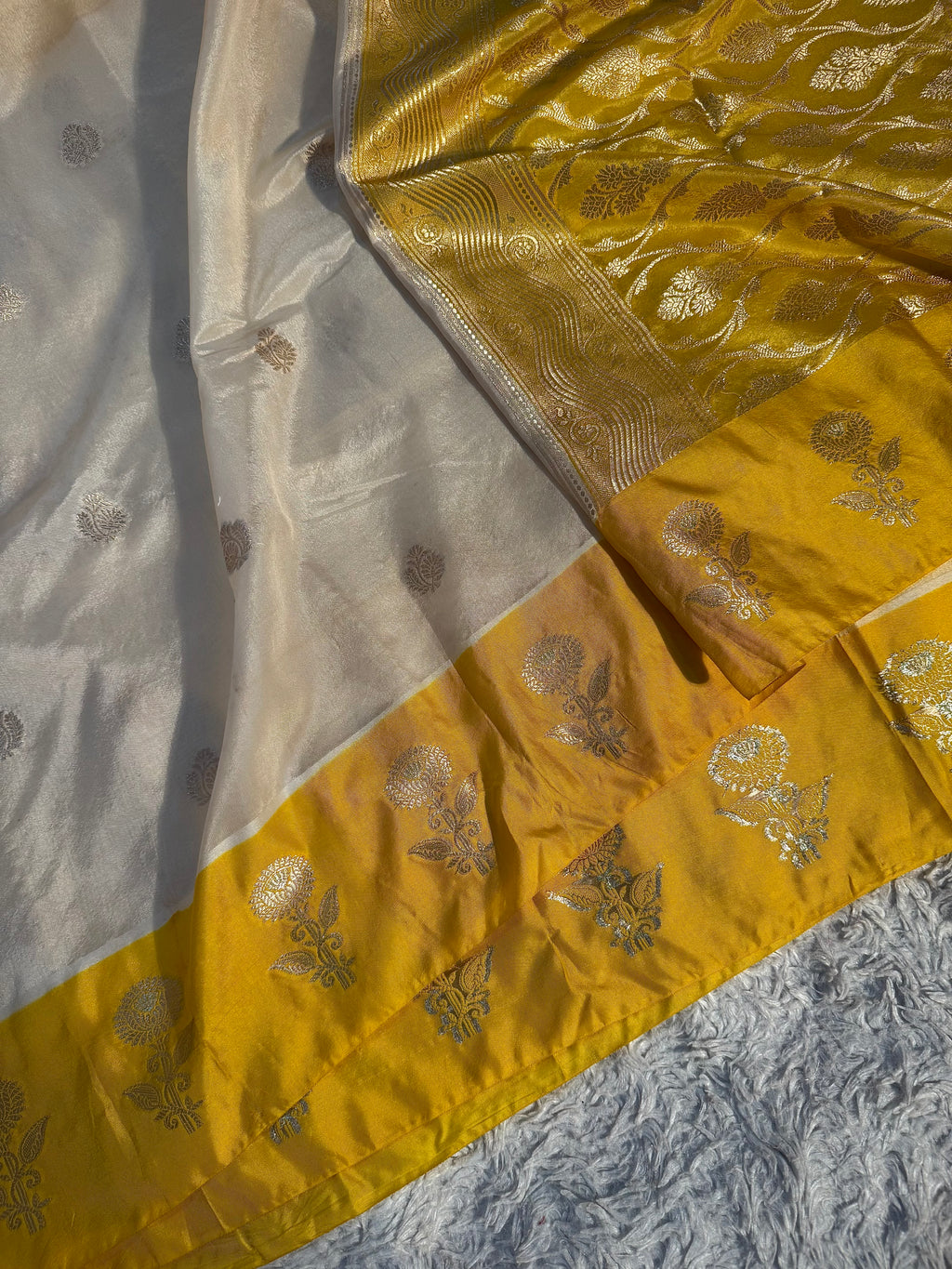PREMIUM OFF WHITE WITH YELLOW SHADE BANARASI VISCOSE SILK WITH SATIN BORDER