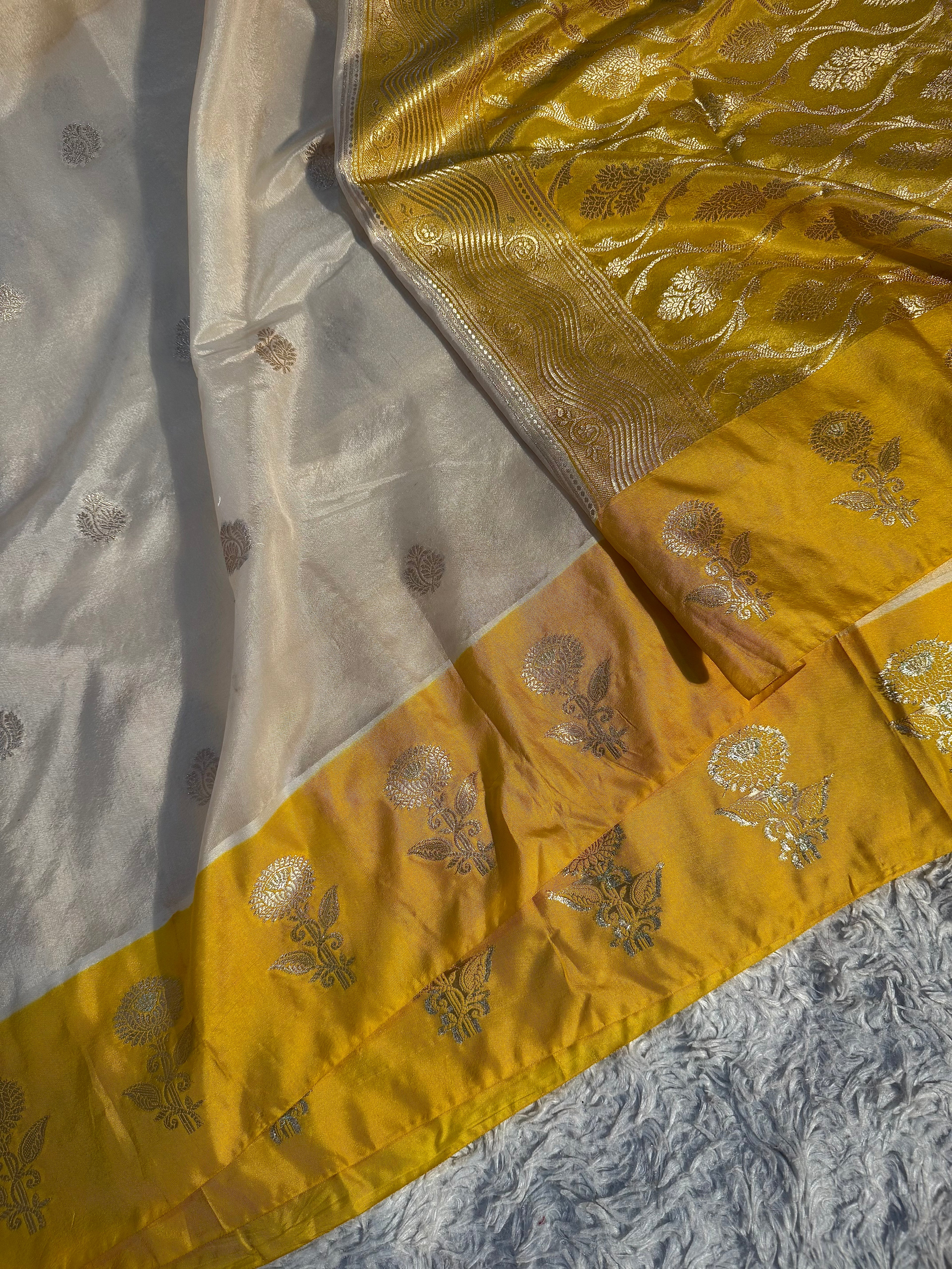 PREMIUM OFF WHITE WITH YELLOW SHADE BANARASI VISCOSE SILK WITH SATIN BORDER