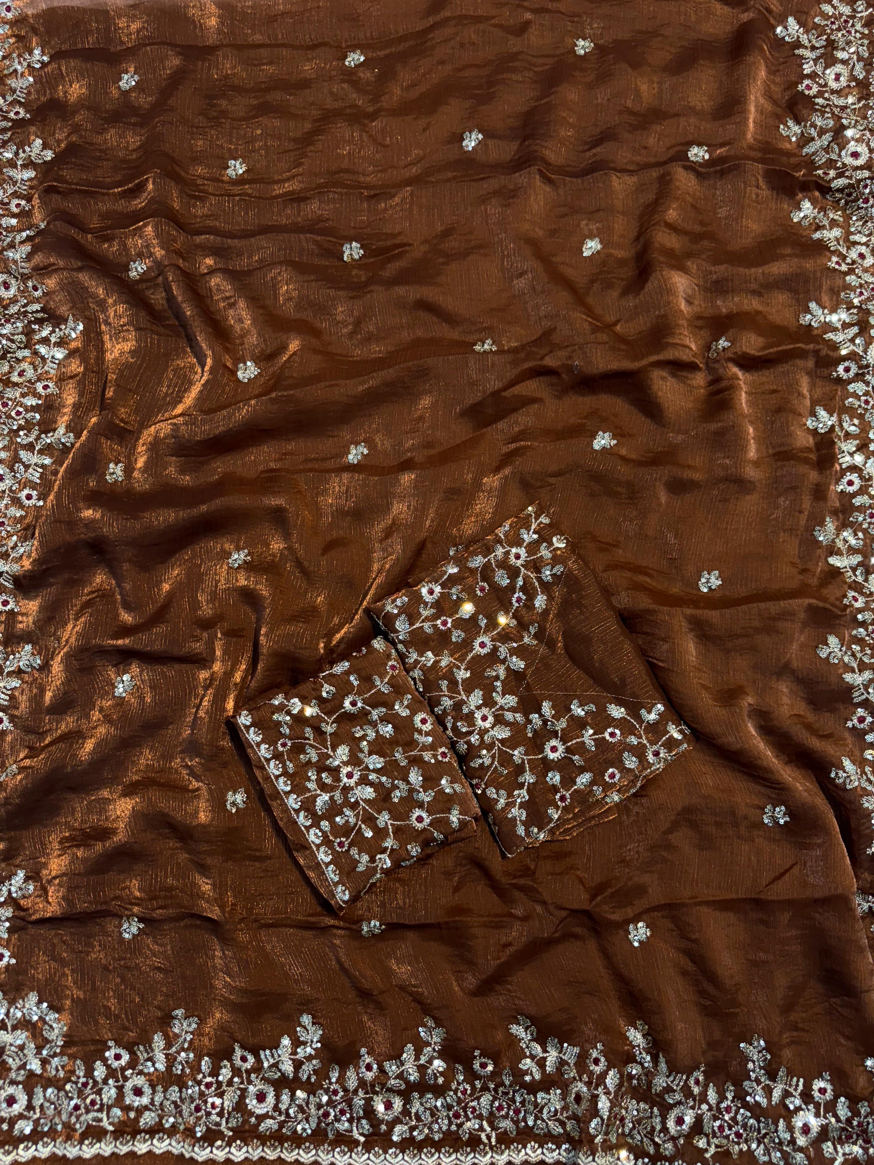 PREMIUM BURNT BRONZE SHIMMERY TISSUE SILK HANDWORK SAREE