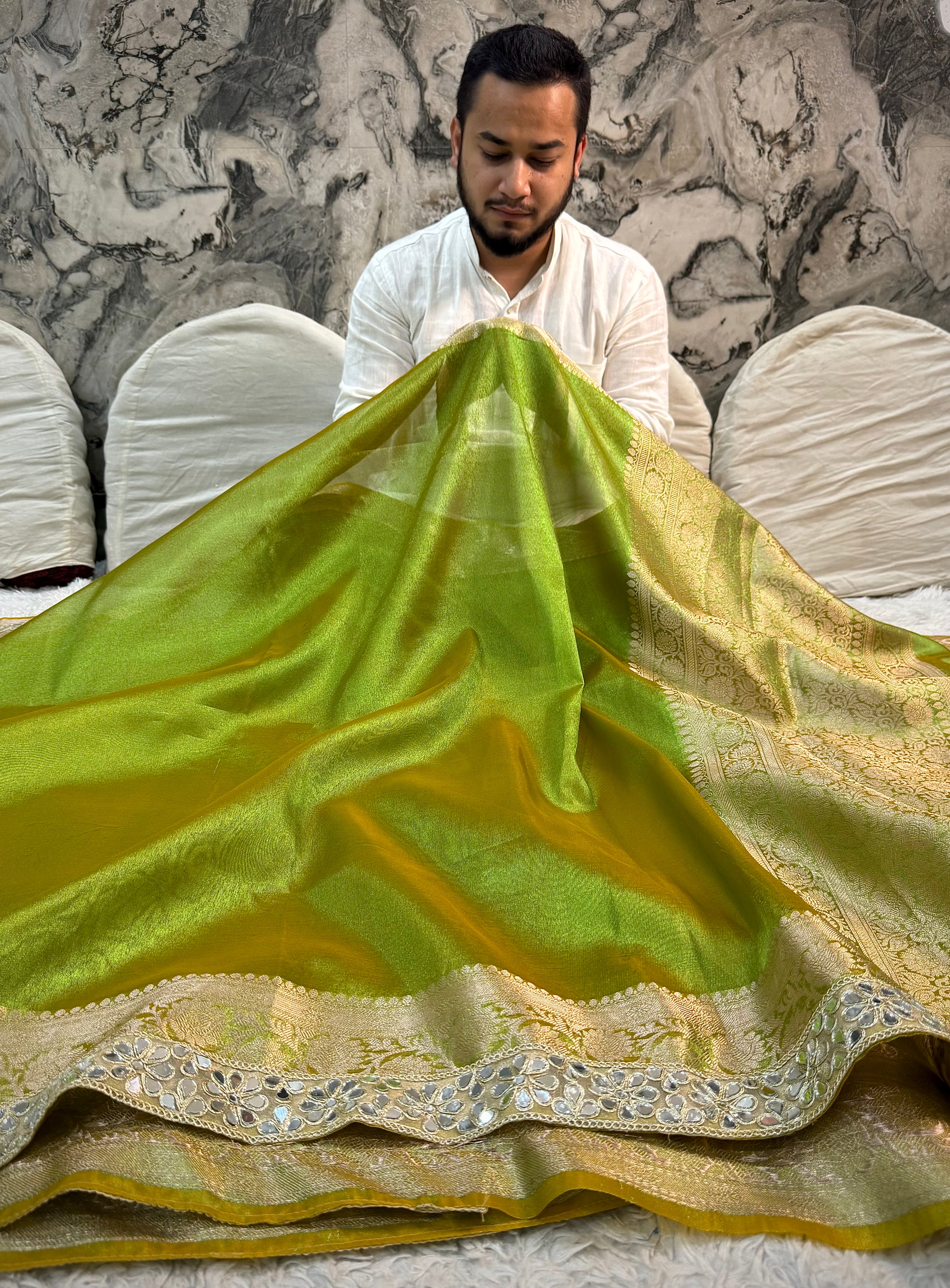 EXCLUSIVE MAHENDI GREEN SHADE SOFT TISSUE SILK SAREE WITH DESIGNER LACE ATTACHED