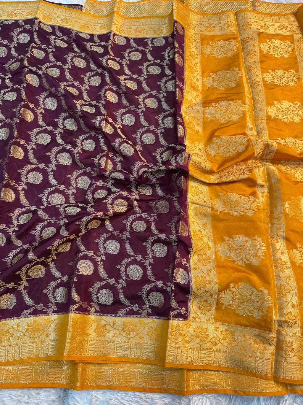 WINE AND MUSTARD GEORGETTE BANARASI SAREE