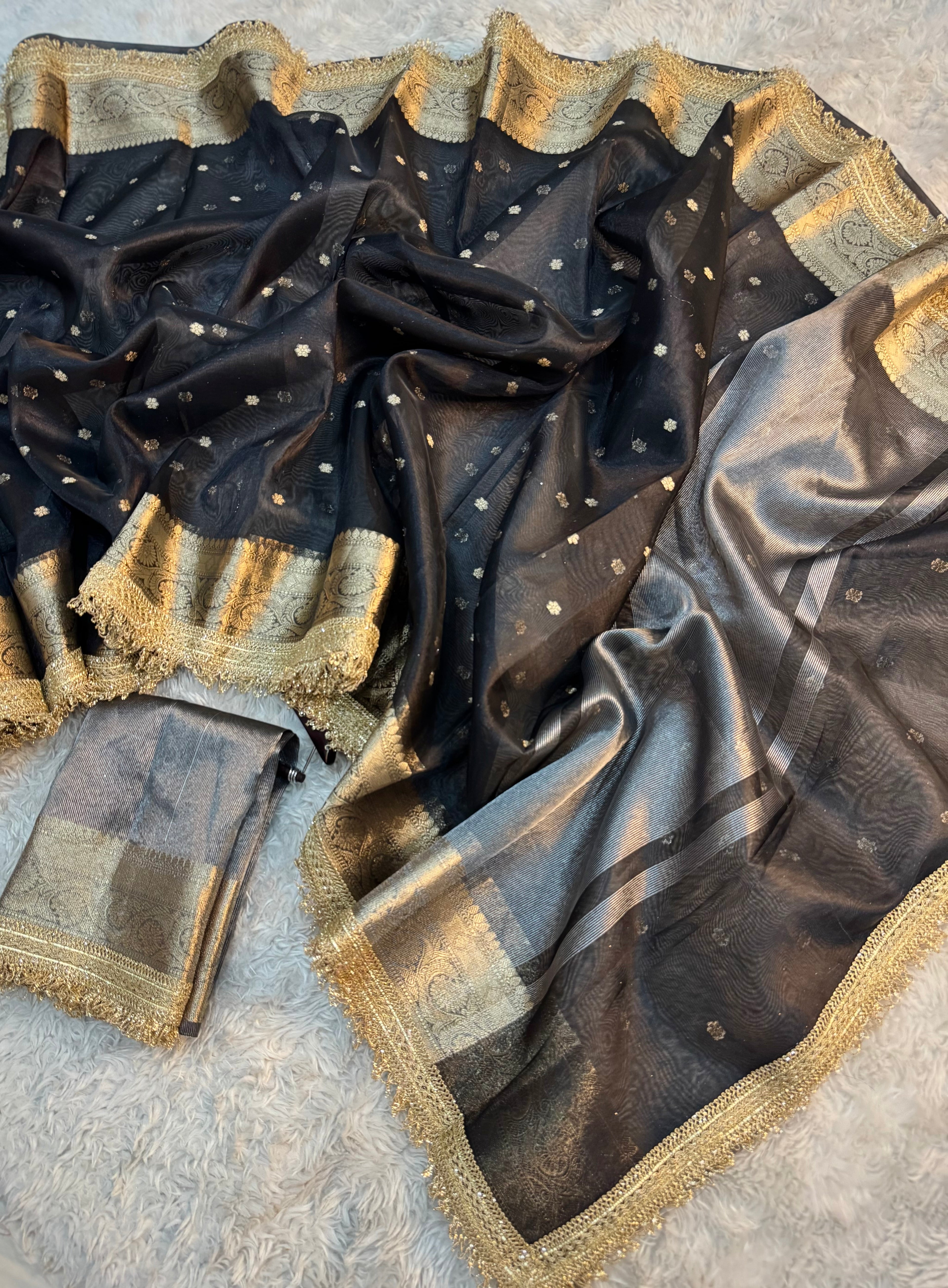 PREMIUM BLACK DESIGNER TISSUE SILK BOOTI SAREE WITH LACE ATTACHED