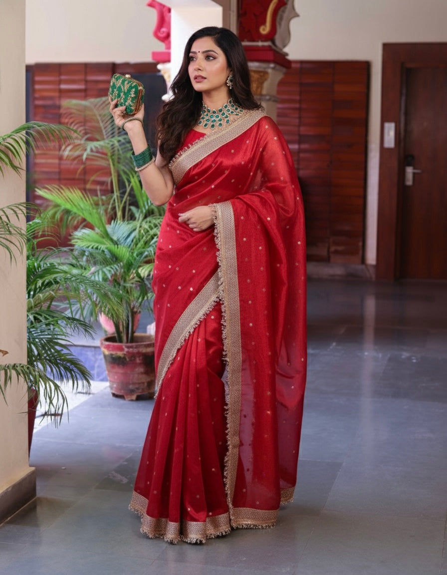 PREMIUM BRIDAL RED DESIGNER TISSUE SILK BOOTI SAREE WITH LACE ATTACHED