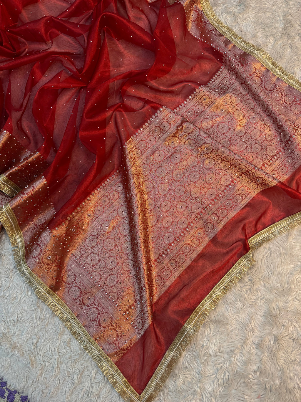 PREMIUM BRIDAL RED SOFT TISSUE SILK STONE WORK DESIGNER SAREE