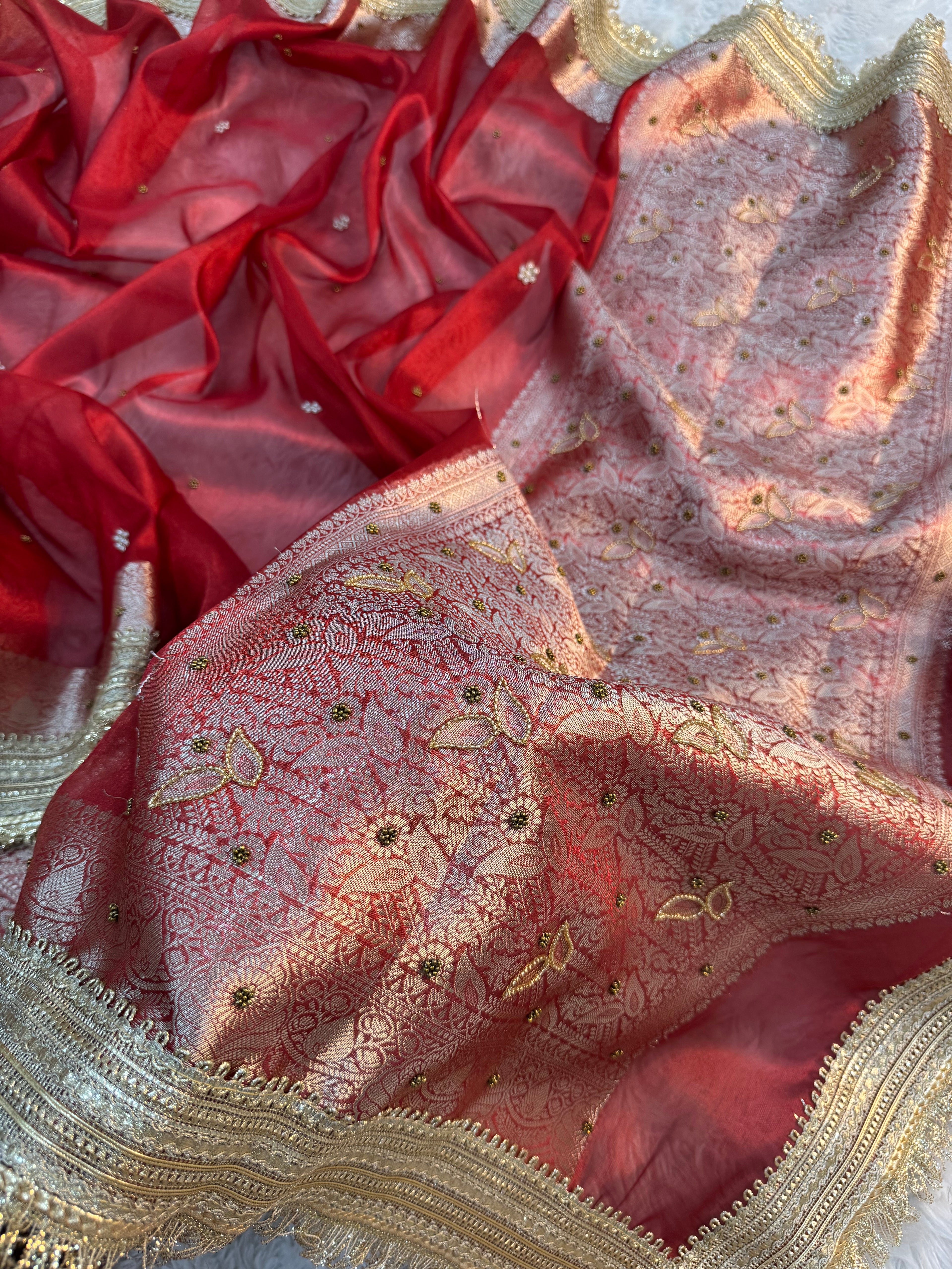 LUXURIOUS BRIDAL RED SHADE SOFT TISSUE SILK WITH PREMIUM HAND EMBROIDERY AND LACE WORK