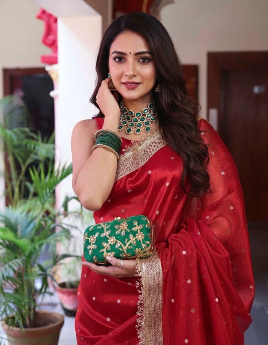 PREMIUM BRIDAL RED DESIGNER TISSUE SILK BOOTI SAREE WITH LACE ATTACHED