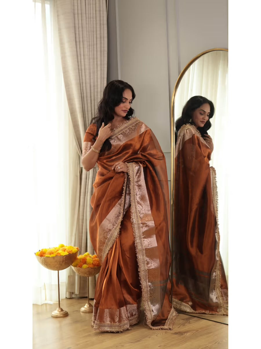 PREMIUM COPPER SHADE SOFT TISSUE SILK SAREE WITH LACE ATTACHED