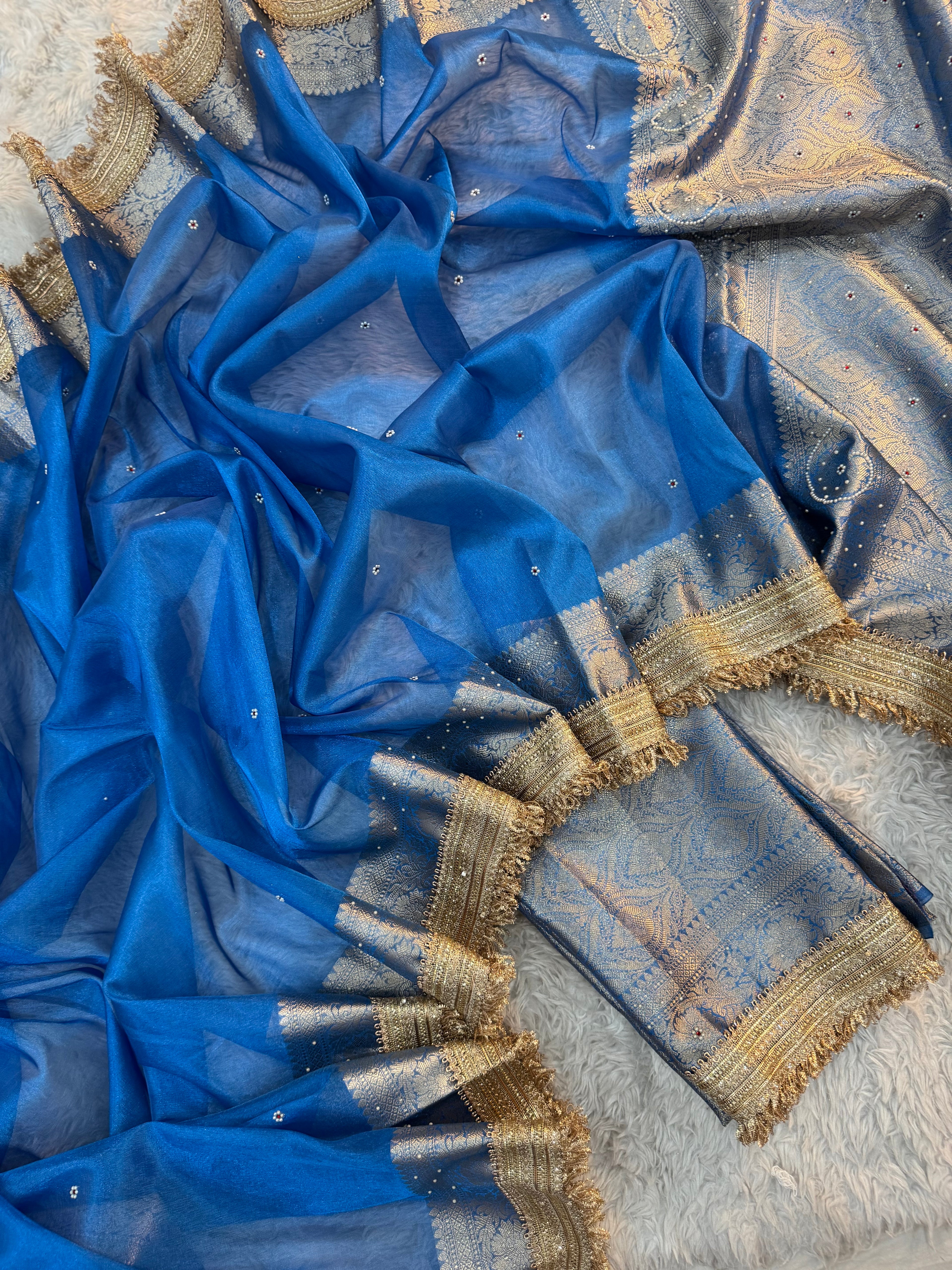 PREMIUM BLUE SHADE SOFT TISSUE SILK SAREE STONE WORK WITH LACE ATTACHED