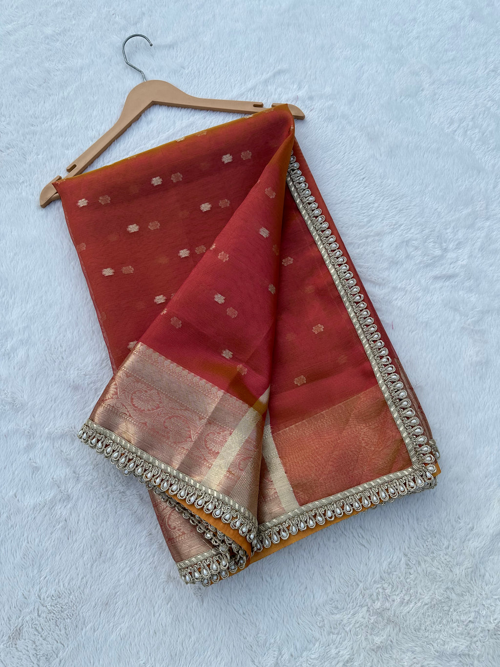 PREMIUM PINK AND ORANGE SHADE DESIGNER TISSUE SILK BOOTI SAREE WITH LACE ATTACHED
