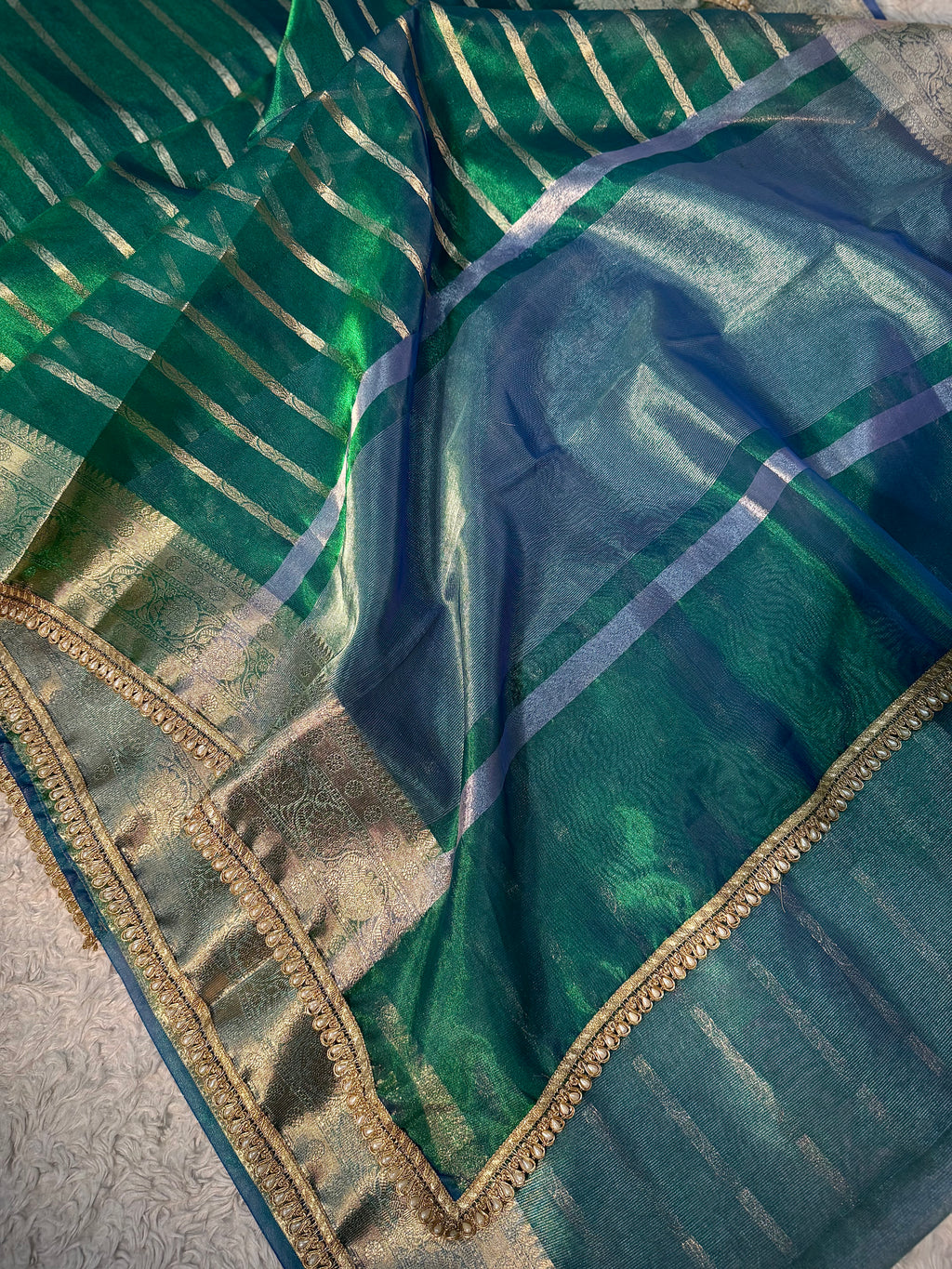 RARE PEACOCK SHADE SOFT TISSUE SILK DESIGNER SAREE