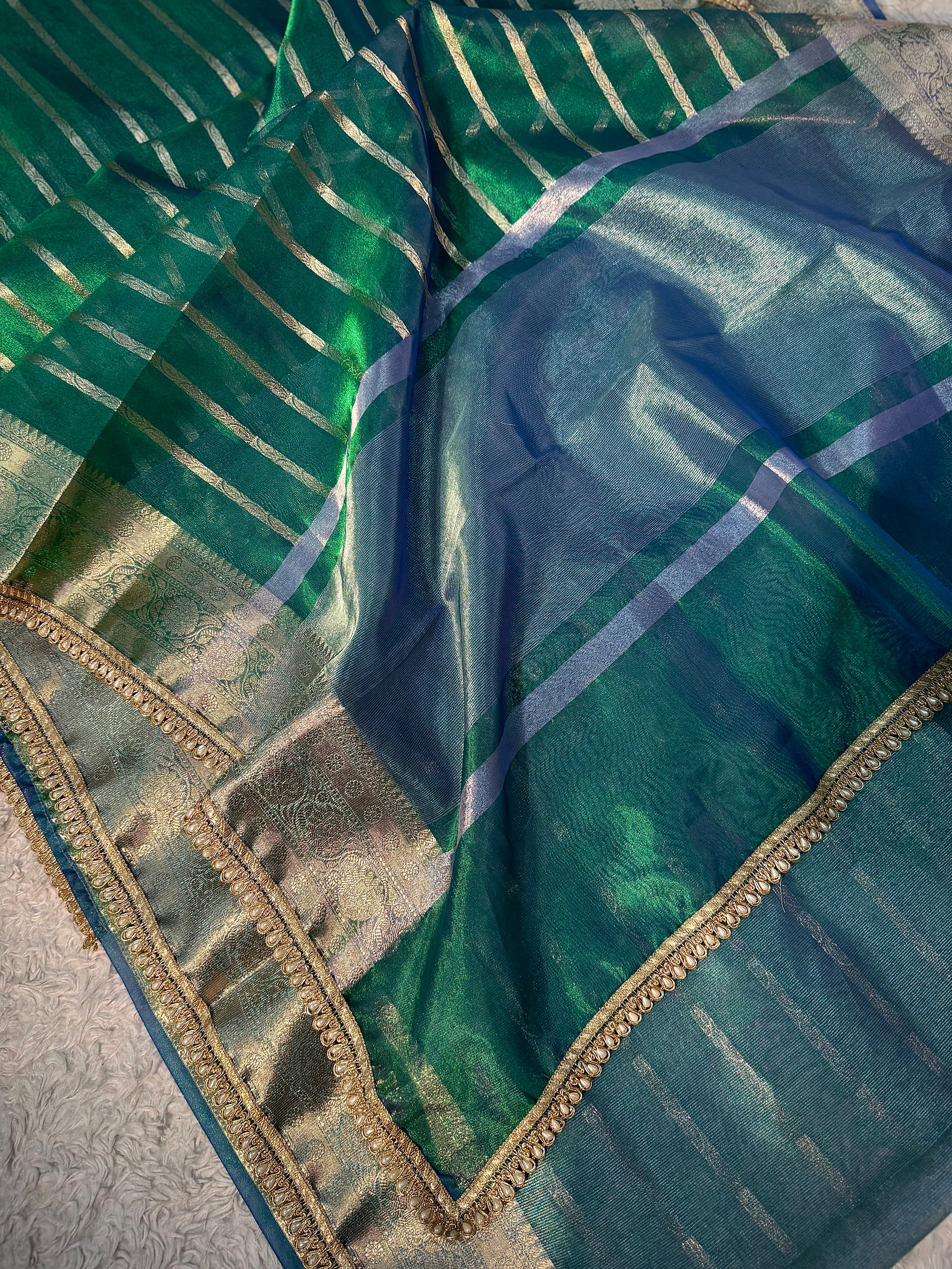 RARE PEACOCK SHADE SOFT TISSUE SILK DESIGNER SAREE
