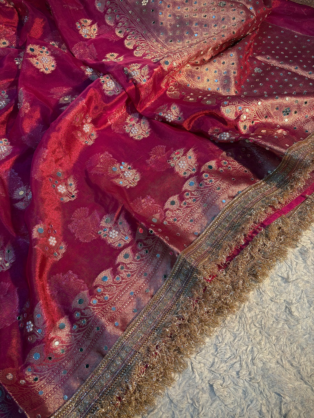 EXCLUSIVE RANI SHADE SOFT TISSUE SILK WITH BOOTI DESIGN MIRROR WORK DESIGNER SAREE