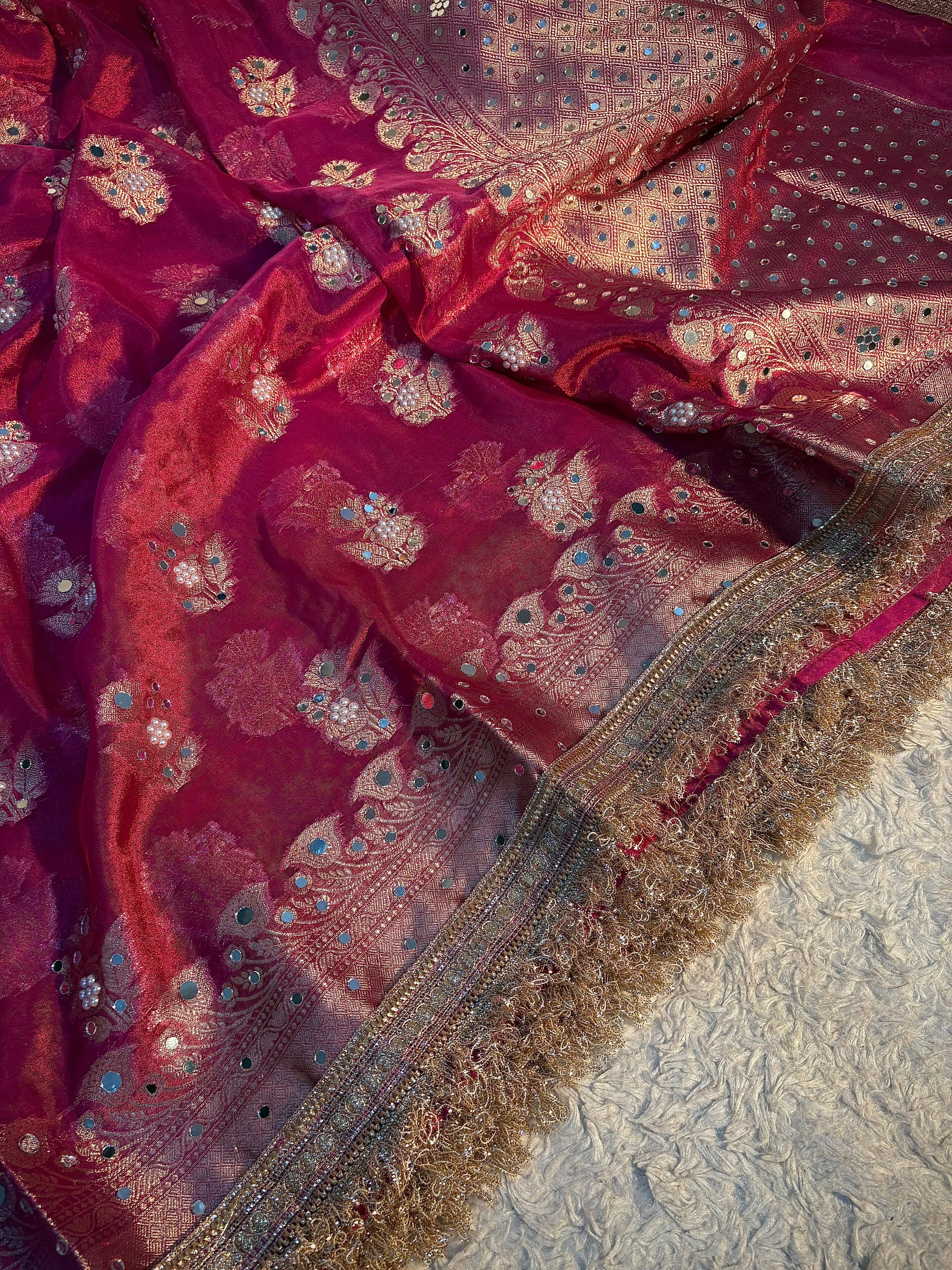 EXCLUSIVE RANI SHADE SOFT TISSUE SILK WITH BOOTI DESIGN MIRROR WORK DESIGNER SAREE